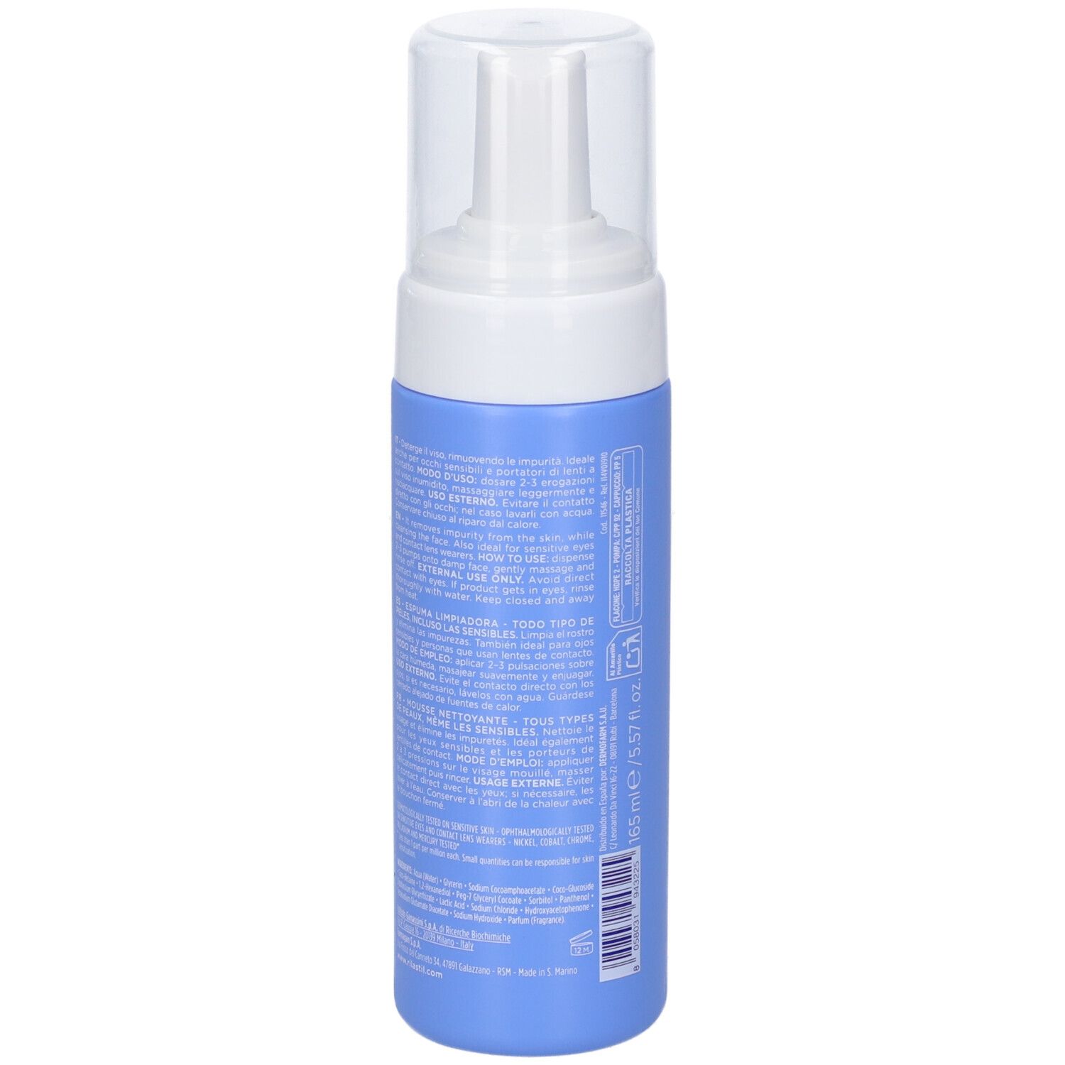 Retro del flacone blu con erogatore bianco. Testo in italiano e inglese. Codice a barre.