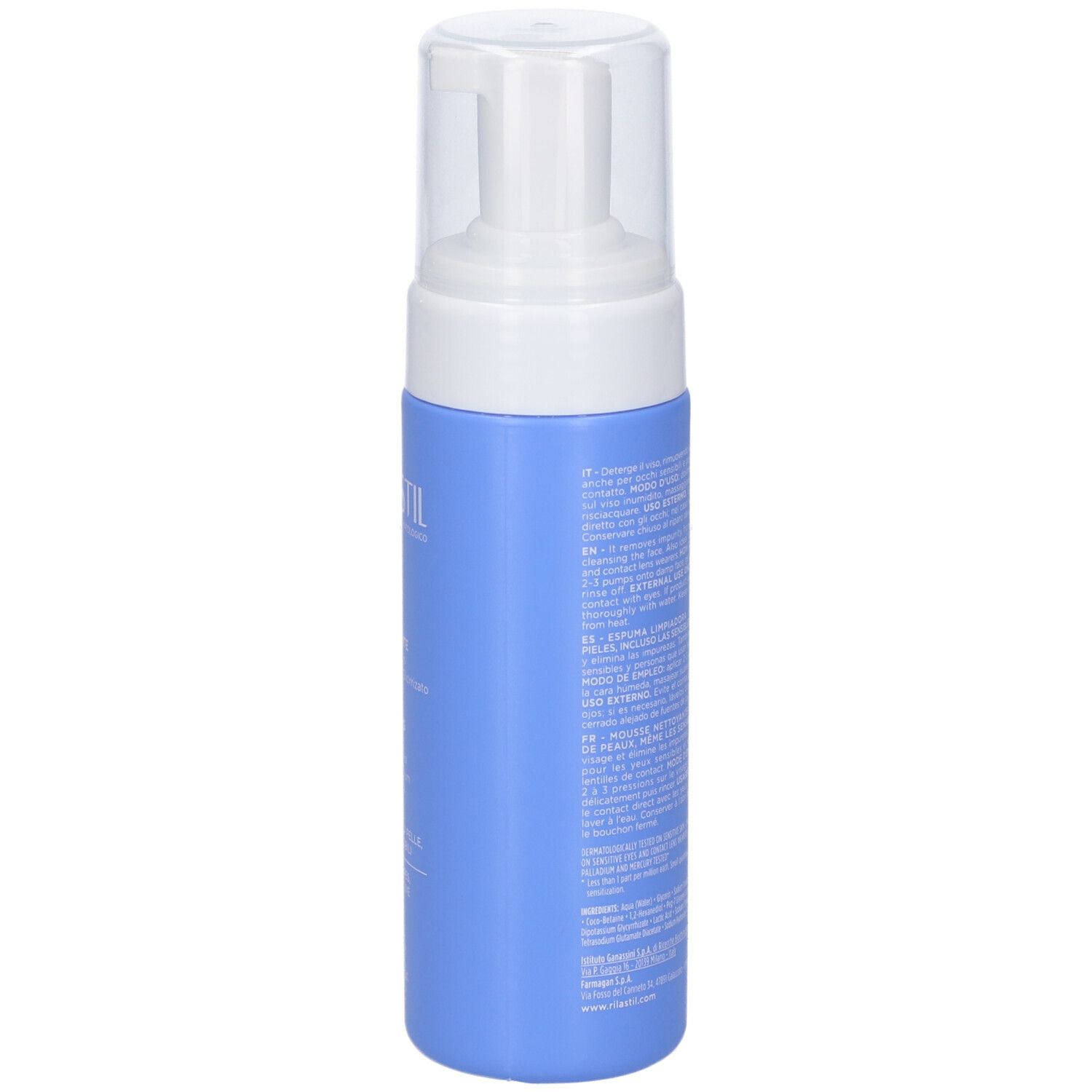 Retro del flacone blu con erogatore bianco. Testo in italiano e inglese. Codice a barre.