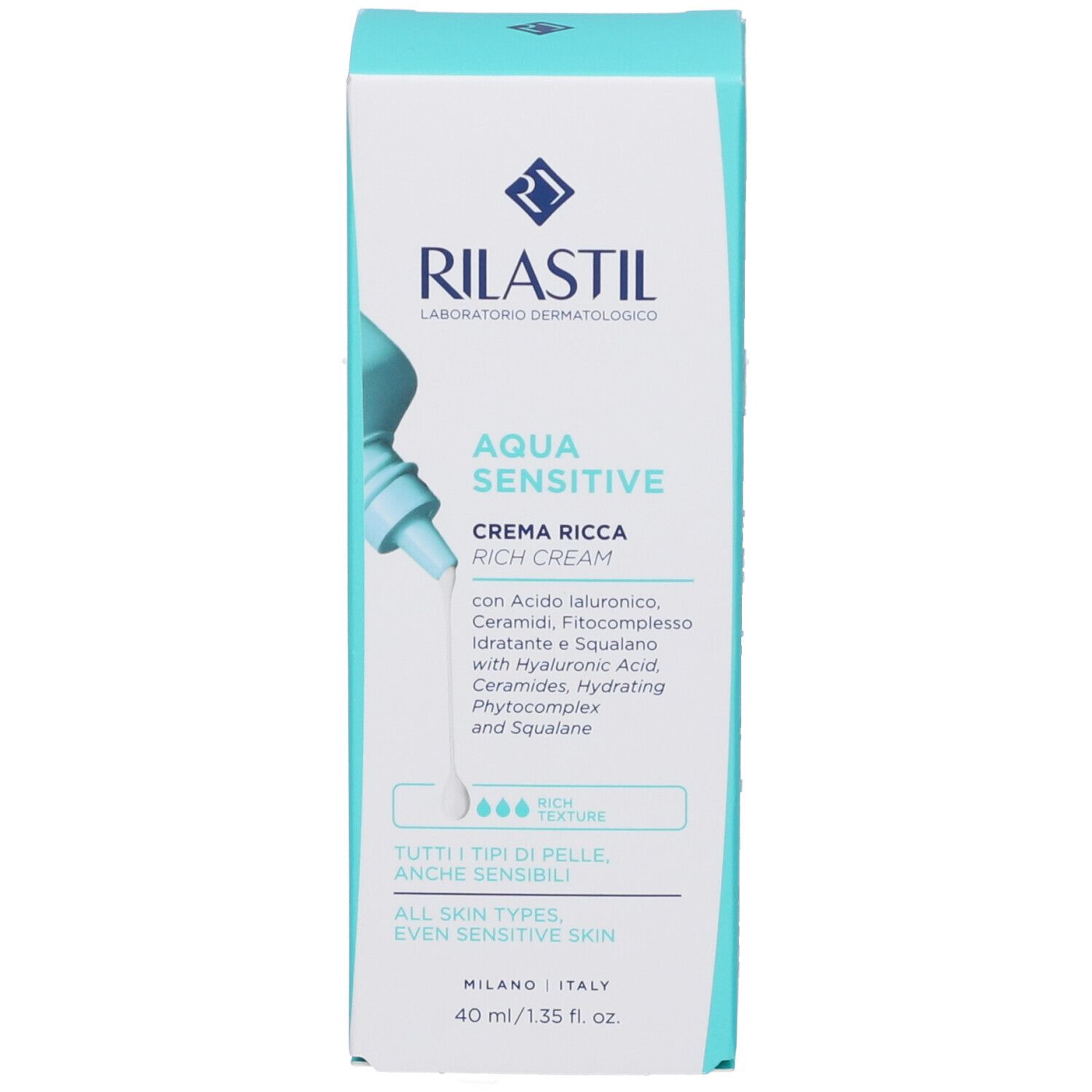 Confezione prodotto. Scritta: Rilastil, Aqua Sensitive, Crema Ricca, Rich Cream. Contiene acido ialuronico, ceramidi. Tutti i tipi di pelle, anche sensibili.