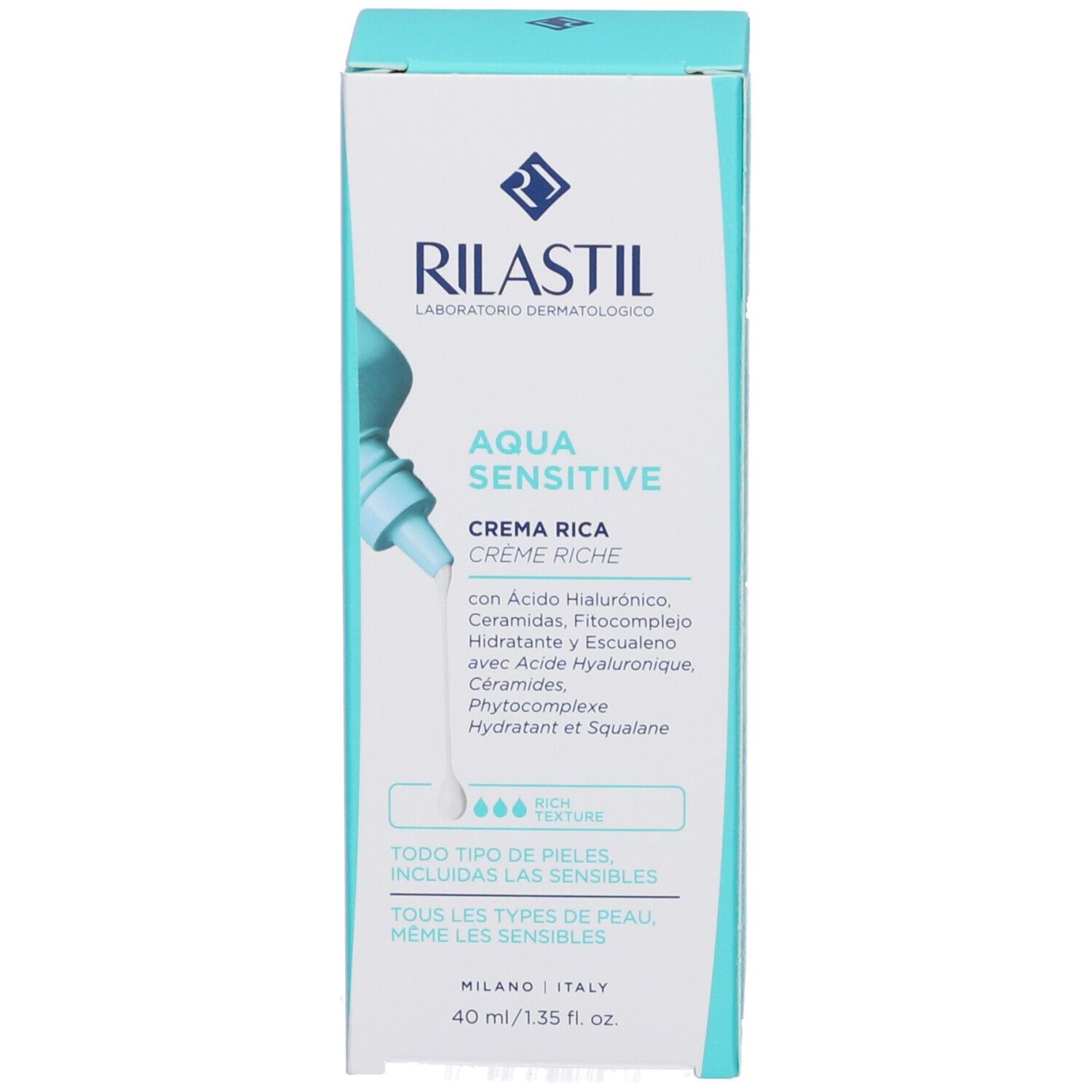 Confezione prodotto. Scritta: Rilastil, Aqua Sensitive, Crème Riche. Contiene acido ialuronico, ceramidi. Per tutti i tipi di pelle, anche sensibili.