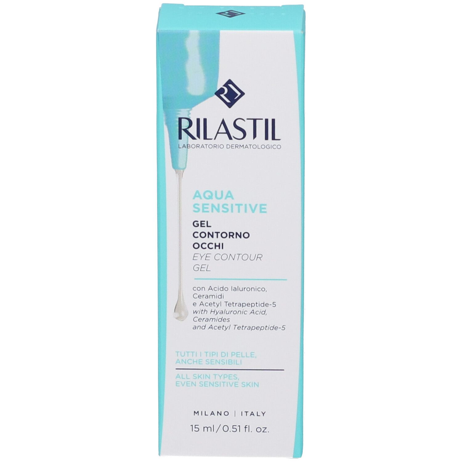 Confezione del prodotto. Bianca e azzurra. Scritta: Rilastil Aqua Sensitive Gel Contorno Occhi. Contiene informazioni sul prodotto.