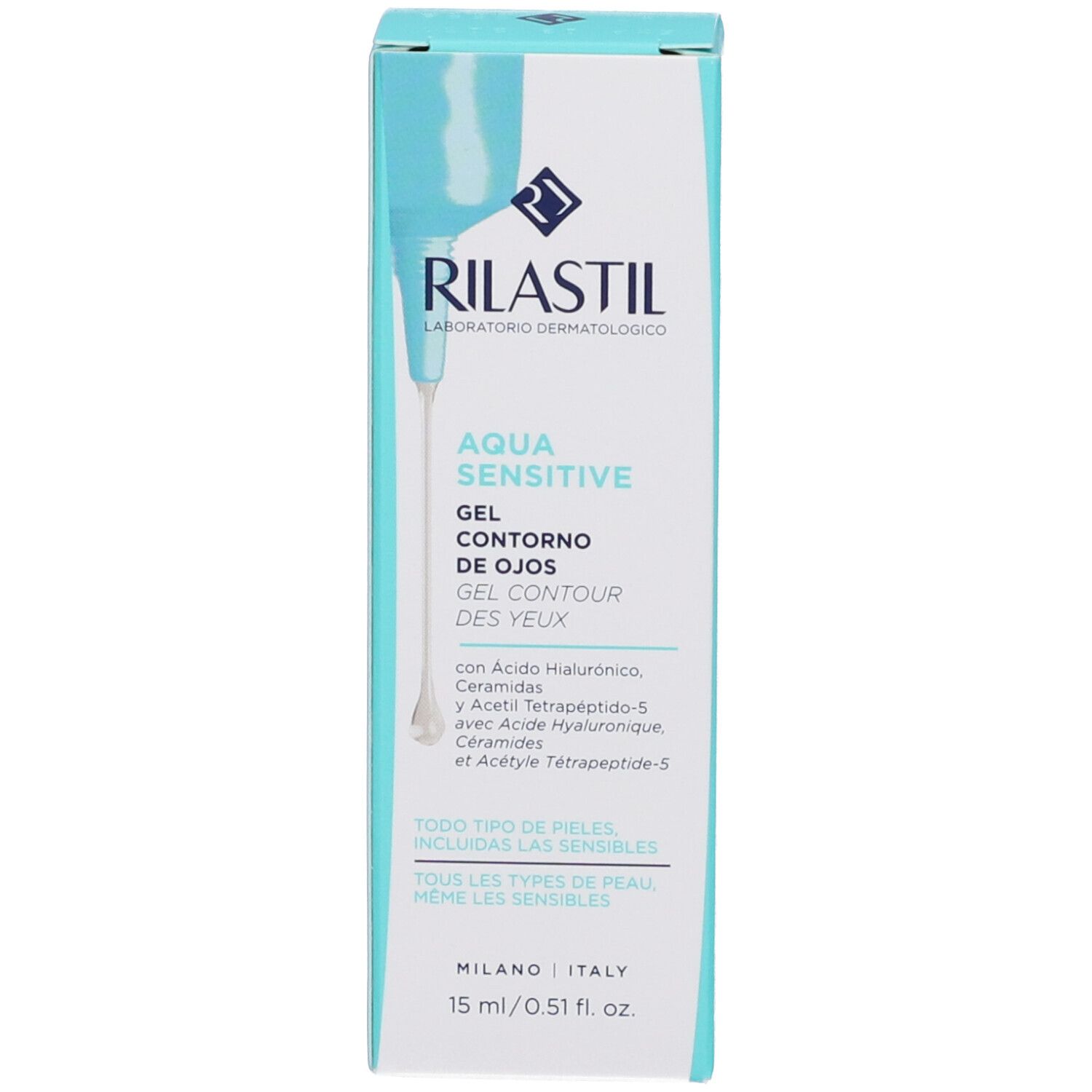 Confezione del prodotto. Bianca e azzurra. Scritta: Rilastil Aqua Sensitive Gel Contorno Occhi. Testo in italiano e francese.
