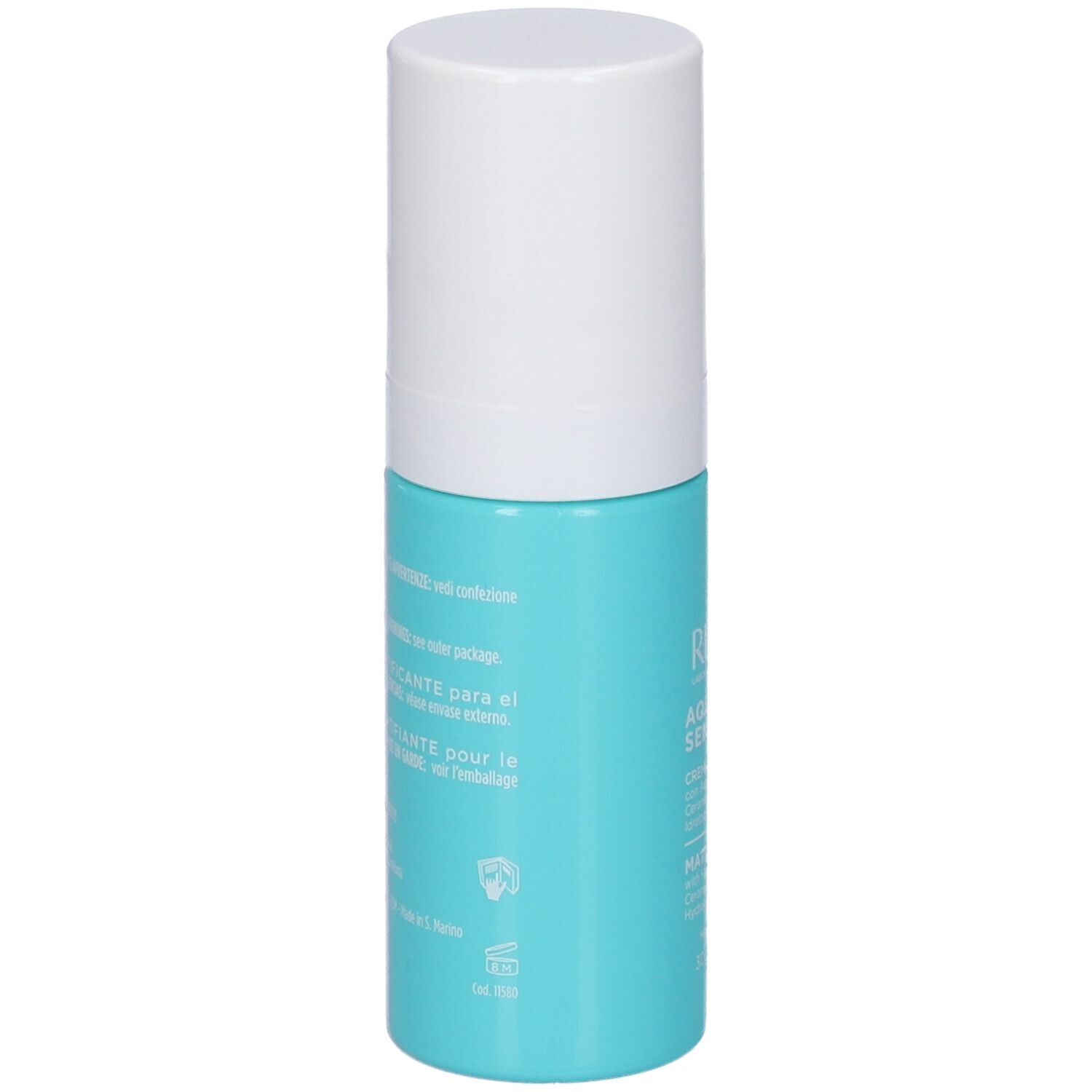 Retro di un flacone Rilastil Aqua Sensitive Crema Gel Matt. Flacone azzurro con informazioni dettagliate sul prodotto e simboli.
