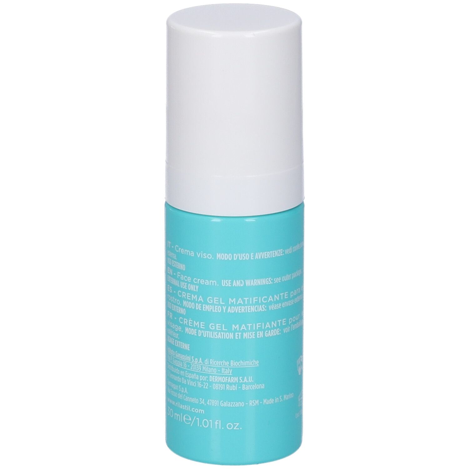 Retro di un flacone Rilastil Aqua Sensitive Crema Gel Matt. Flacone azzurro con informazioni sul prodotto in più lingue.