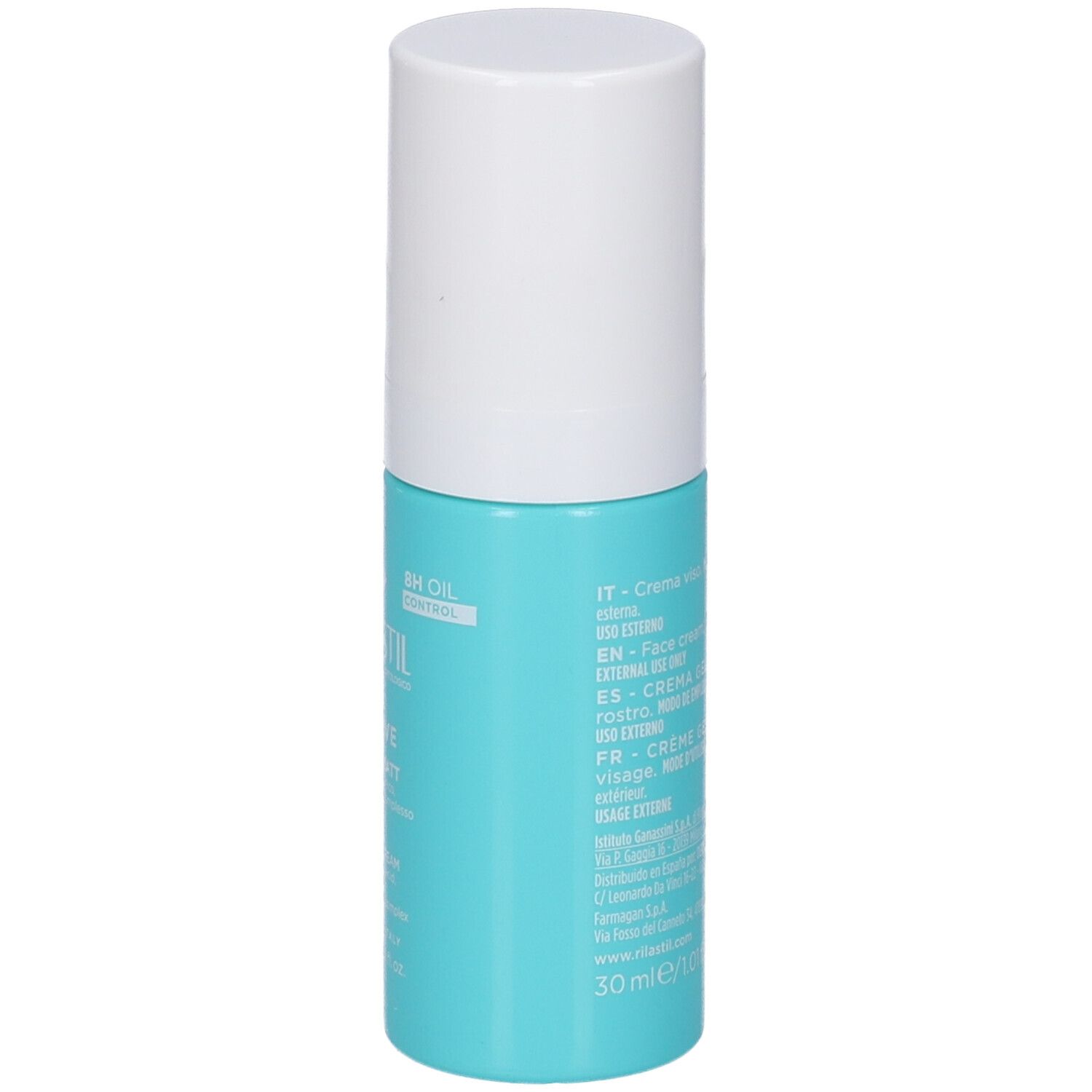 Vista laterale di un flacone Rilastil Aqua Sensitive Crema Gel Matt. Flacone azzurro con erogatore bianco e testo prodotto.