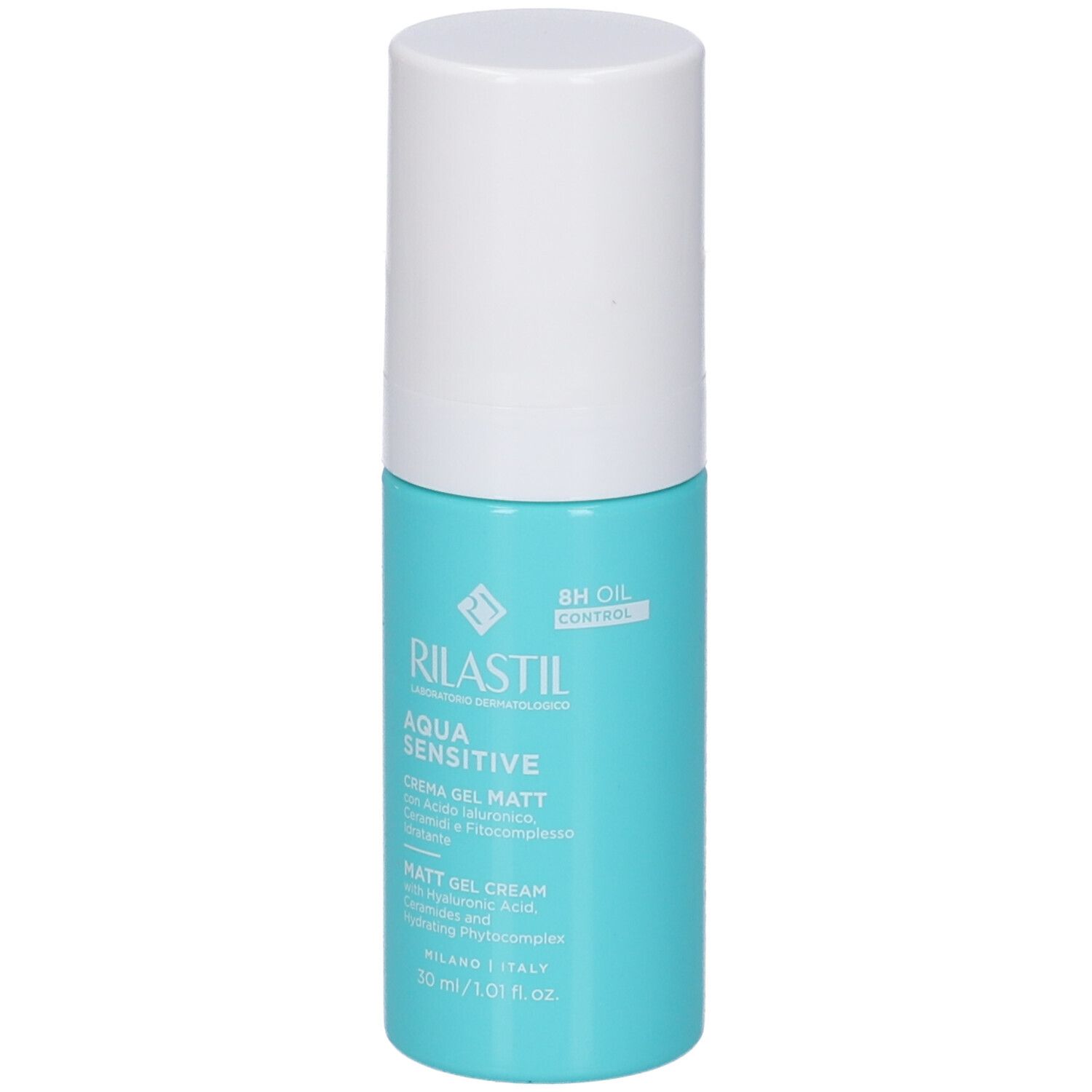 Flacone Rilastil Aqua Sensitive Crema Gel Matt con erogatore bianco. Flacone azzurro con informazioni sul prodotto e logo.