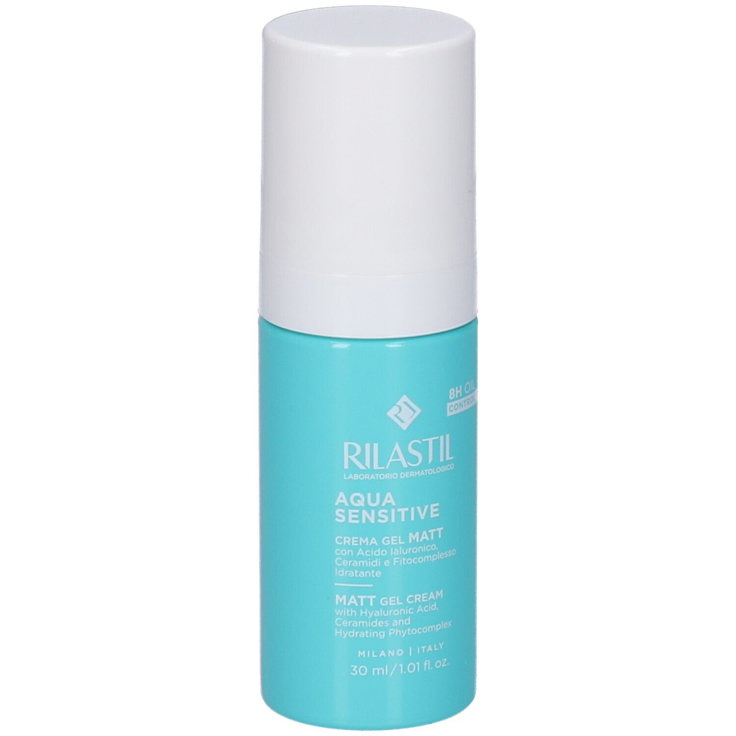 Flacone Rilastil Aqua Sensitive Crema Gel Matt con erogatore bianco. Flacone azzurro con informazioni sul prodotto e logo.
