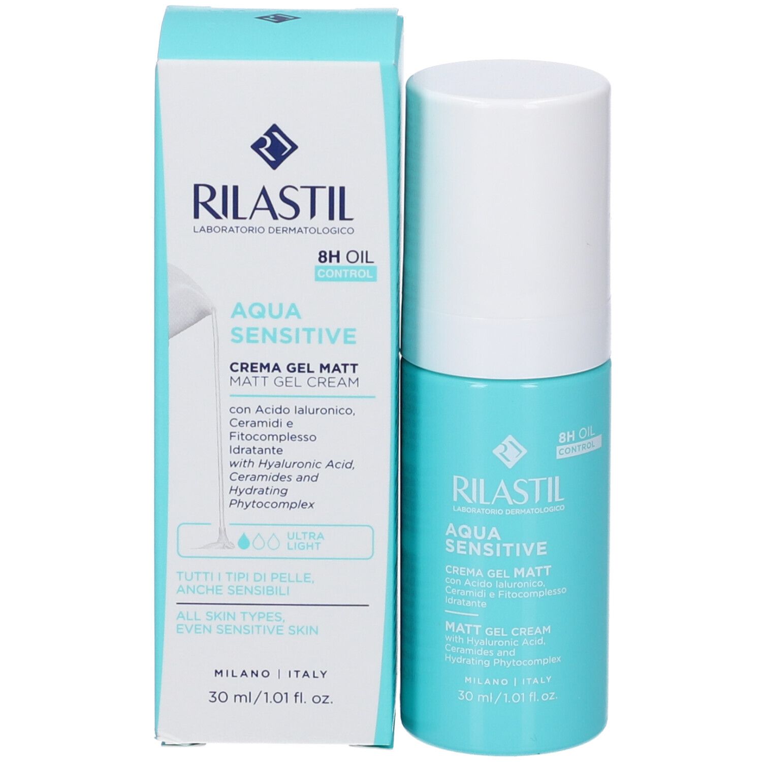Flacone e scatola Rilastil Aqua Sensitive Crema Gel Matt. Flacone e scatola azzurri con informazioni sul prodotto.