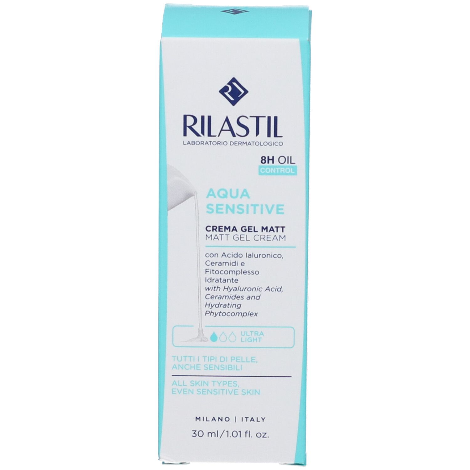 Confezione Rilastil Aqua Sensitive Crema Gel Matt. Scatola azzurra con informazioni sul prodotto, logo e testo.