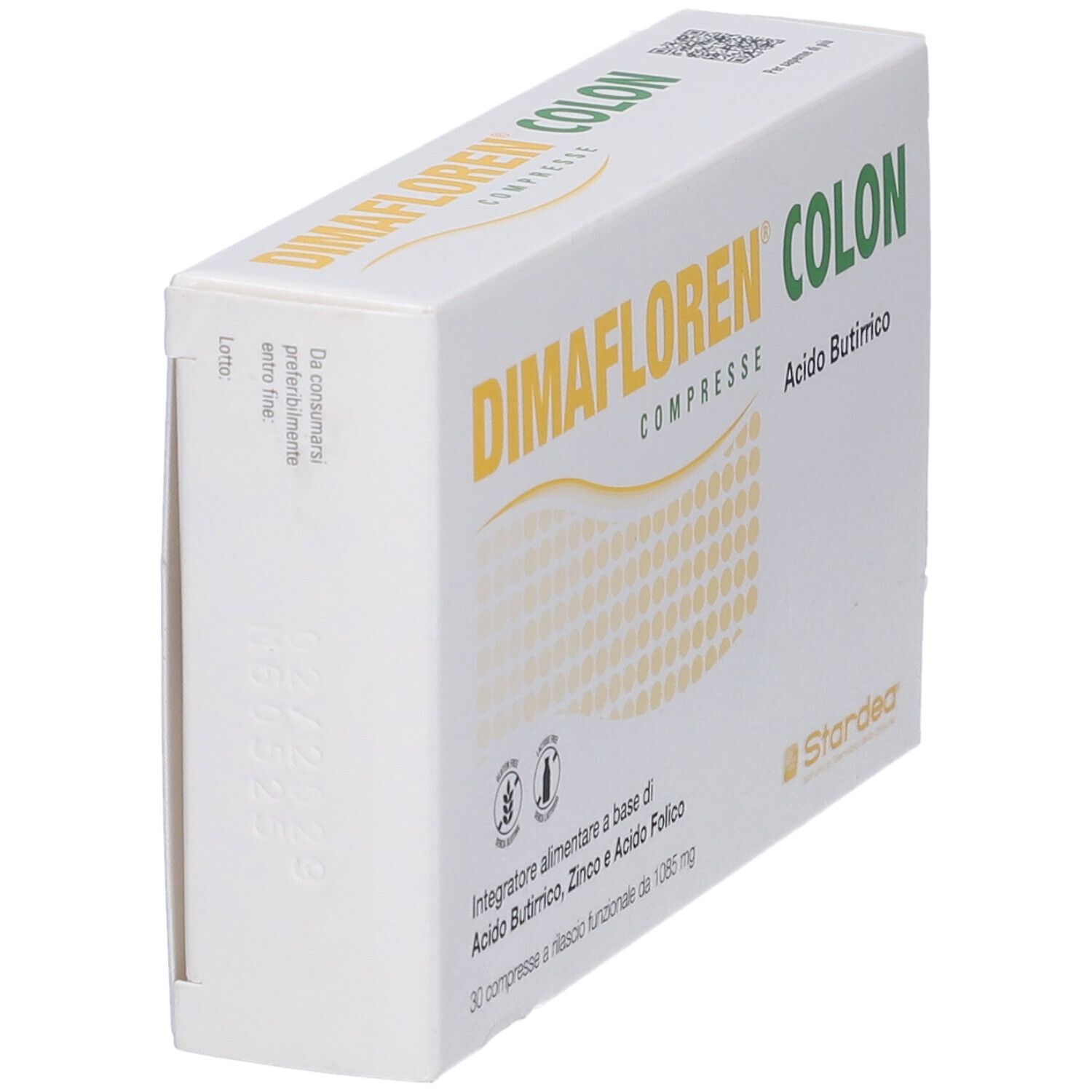 Dimafloren Colon: vista laterale della confezione da 30 compresse, senza glutine e lattosio.