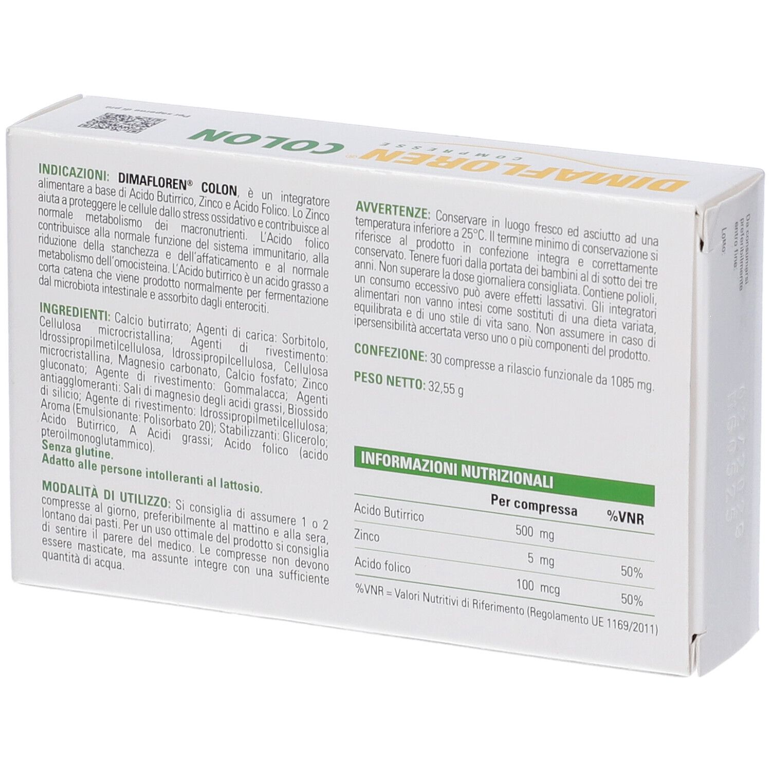 Dimafloren Colon: retro della confezione con informazioni nutrizionali e ingredienti.