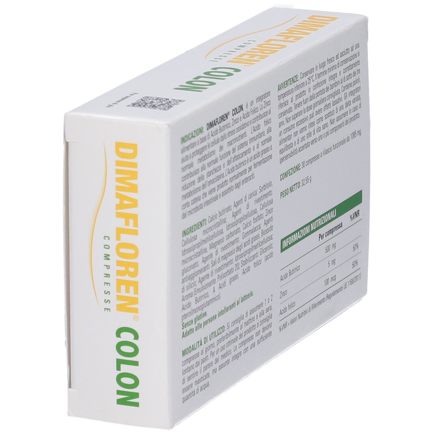 Dimafloren Colon: vista laterale della confezione con informazioni nutrizionali e ingredienti.