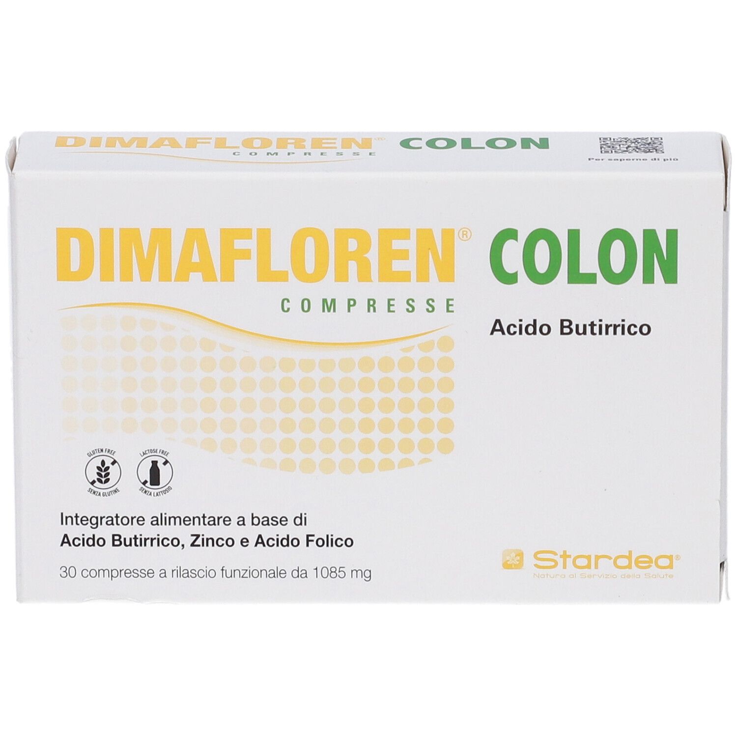 Dimafloren Colon: confezione da 30 compresse, senza glutine e lattosio, con logo Stardea.