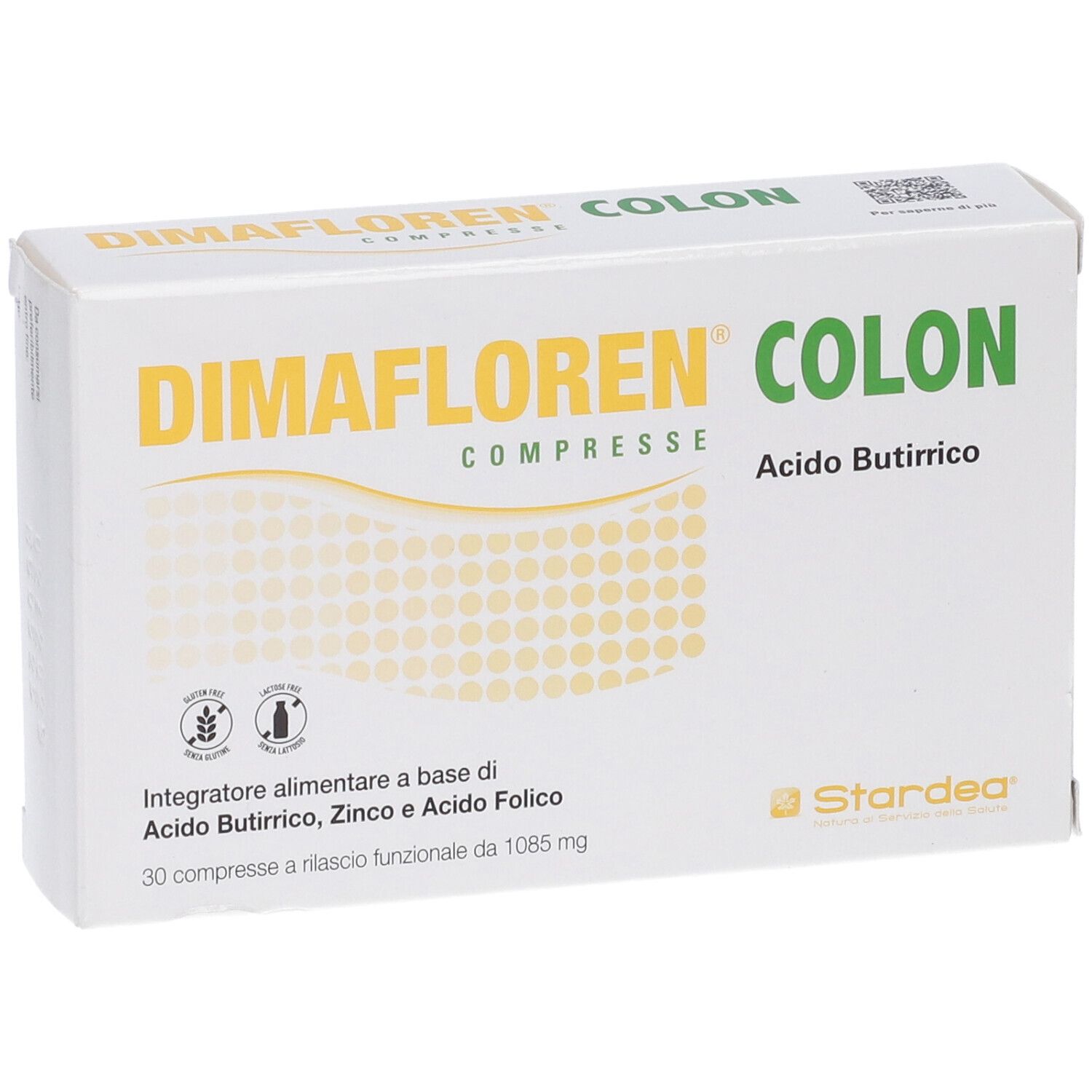 Dimafloren Colon: confezione da 30 compresse, senza glutine e lattosio, con logo Stardea.