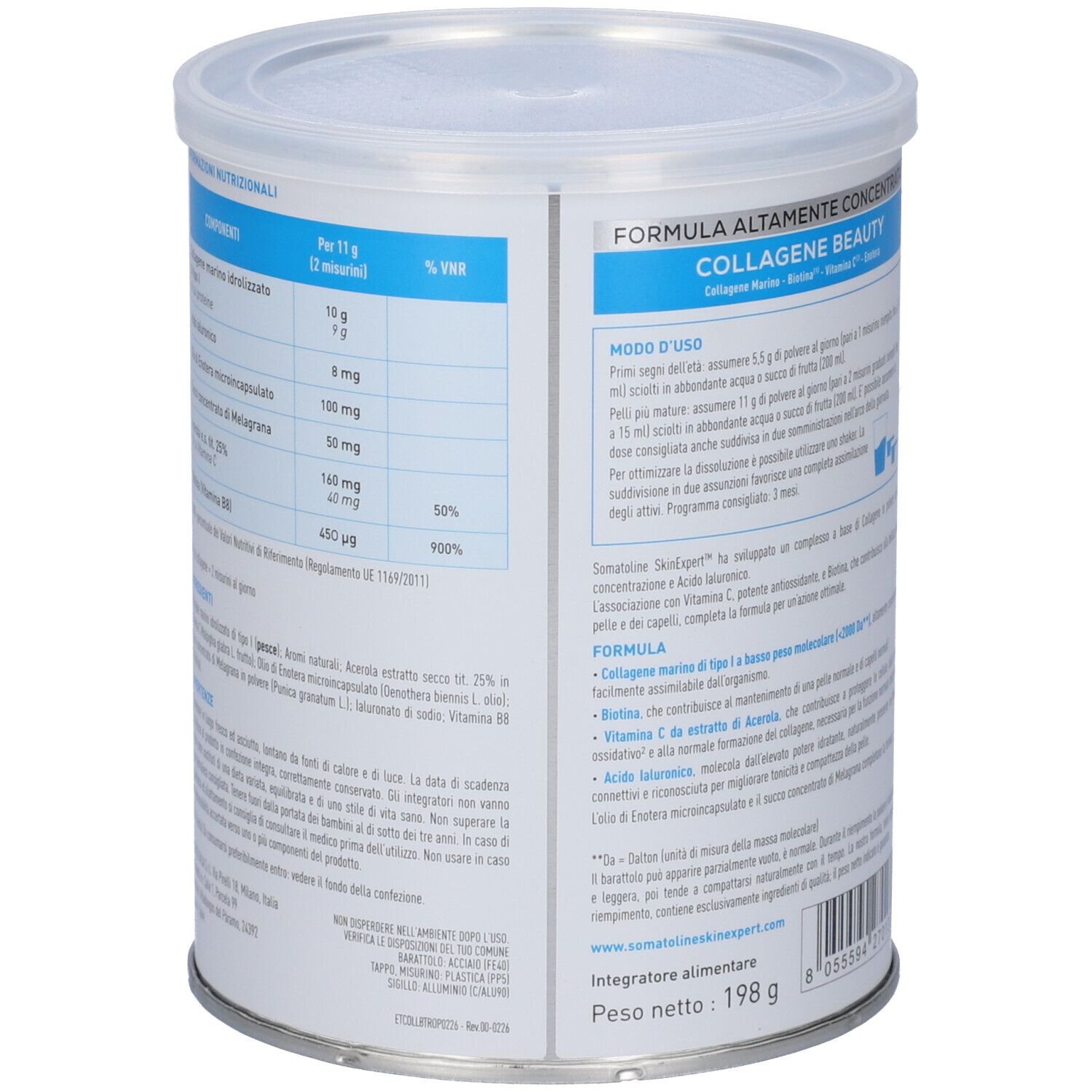 Vista laterale del barattolo Somatoline Collagene Beauty con dettagli nutrizionali e ingredienti.