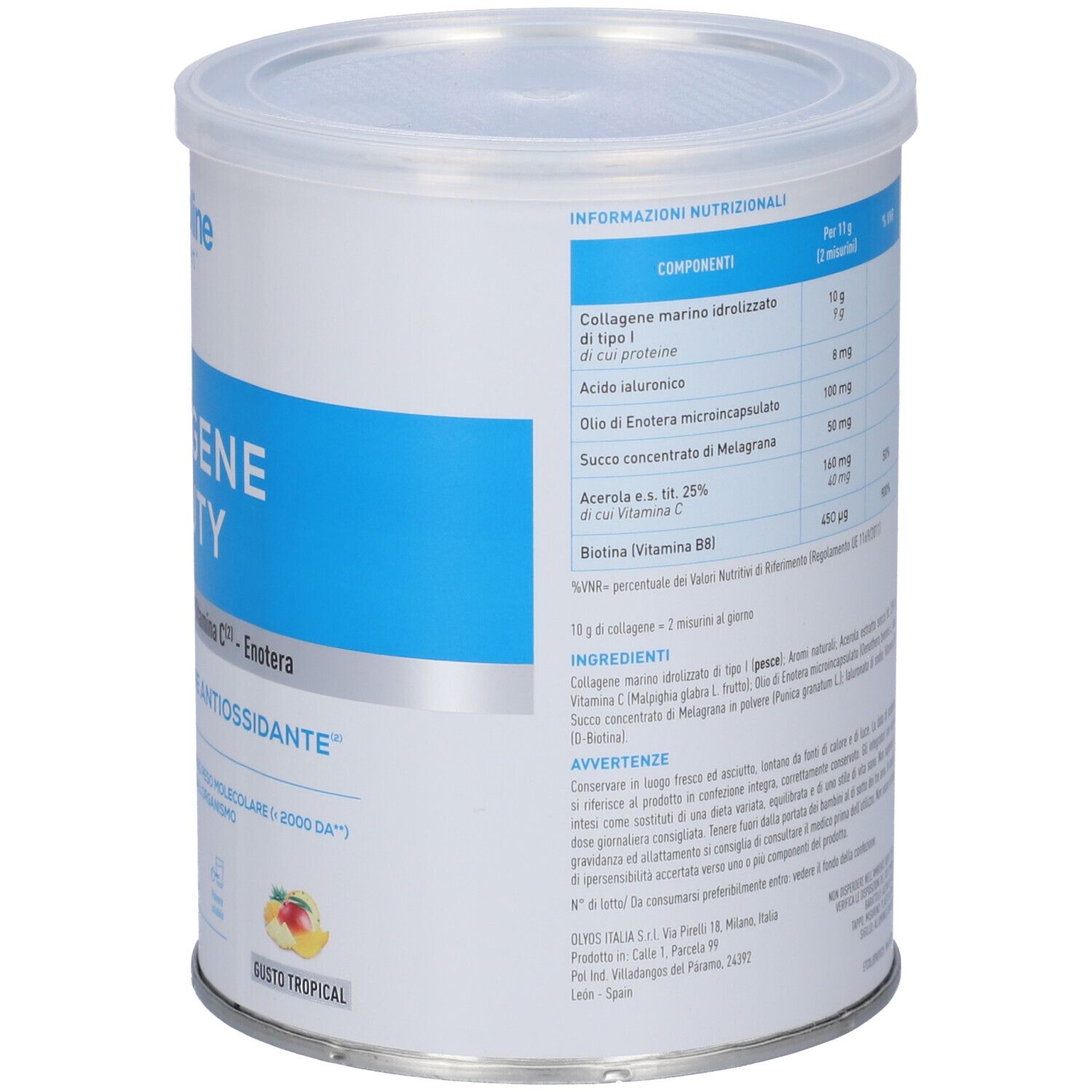 Vista laterale del barattolo Somatoline Collagene Beauty con informazioni nutrizionali, ingredienti e avvertenze.