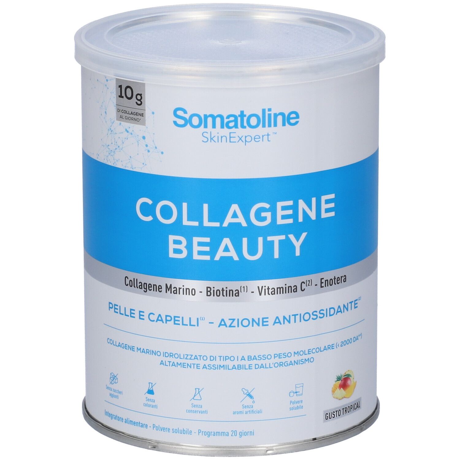 Barattolo Somatoline Collagene Beauty di polvere solubile al collagene, gusto Tropical.
