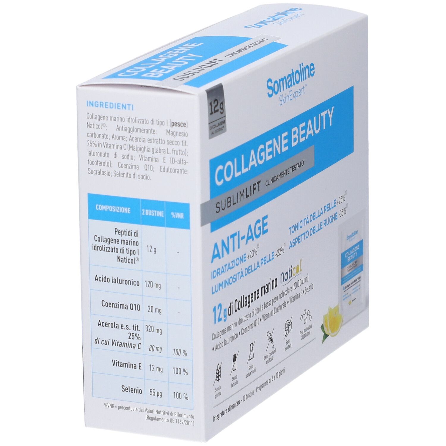 Retro della confezione Somatoline SkinExpert Collagene Beauty SublimLift con ingredienti e composizione.