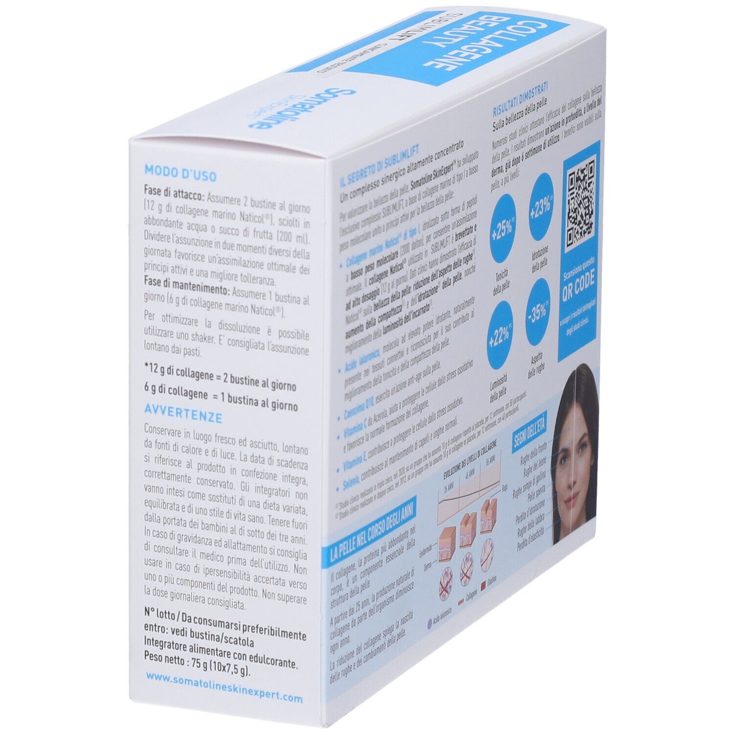 Vista laterale della confezione Somatoline SkinExpert Collagene Beauty SublimLift con istruzioni per l'uso.