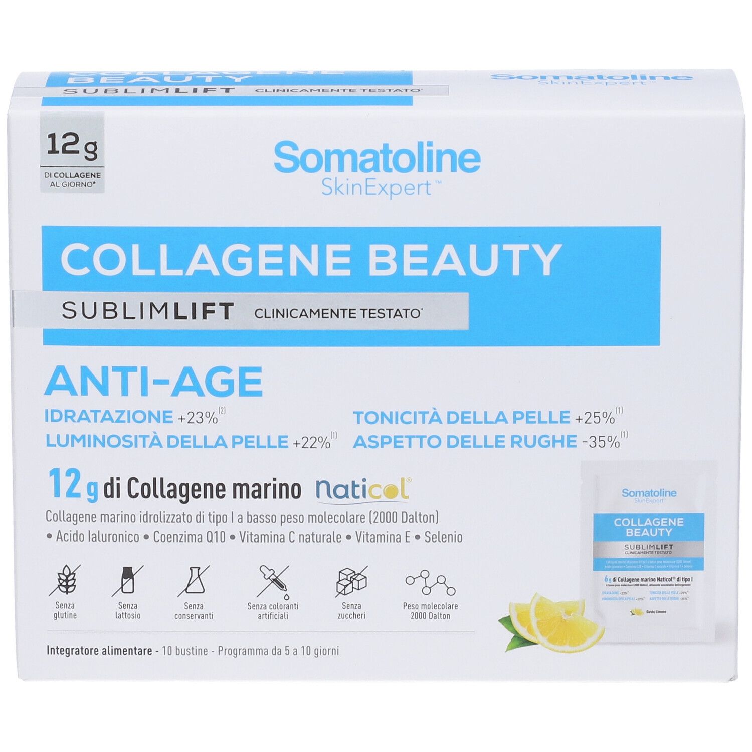 Fronte della confezione Somatoline SkinExpert Collagene Beauty SublimLift con 10 bustine e fette di limone.