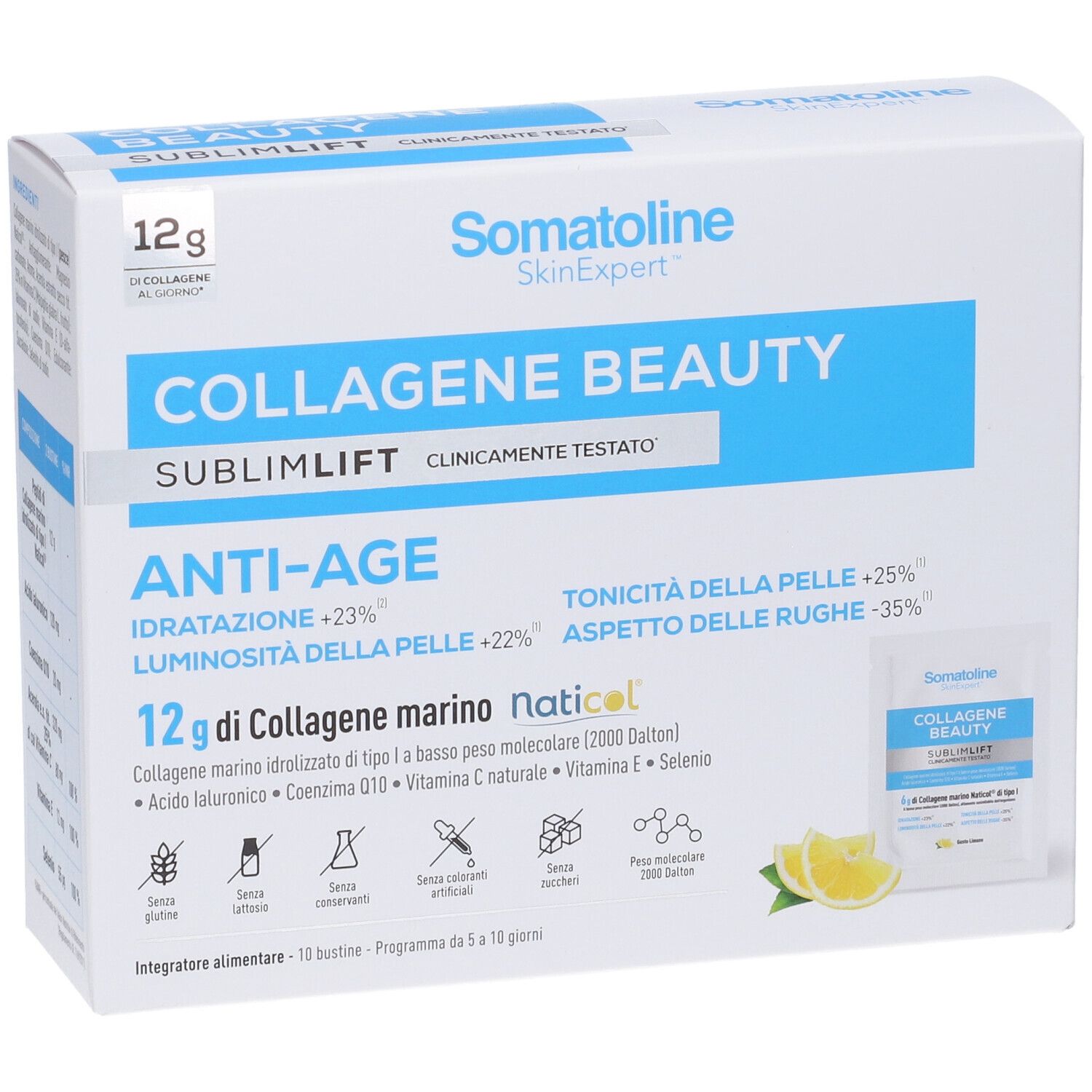Fronte della confezione Somatoline SkinExpert Collagene Beauty SublimLift con 10 bustine e fette di limone.