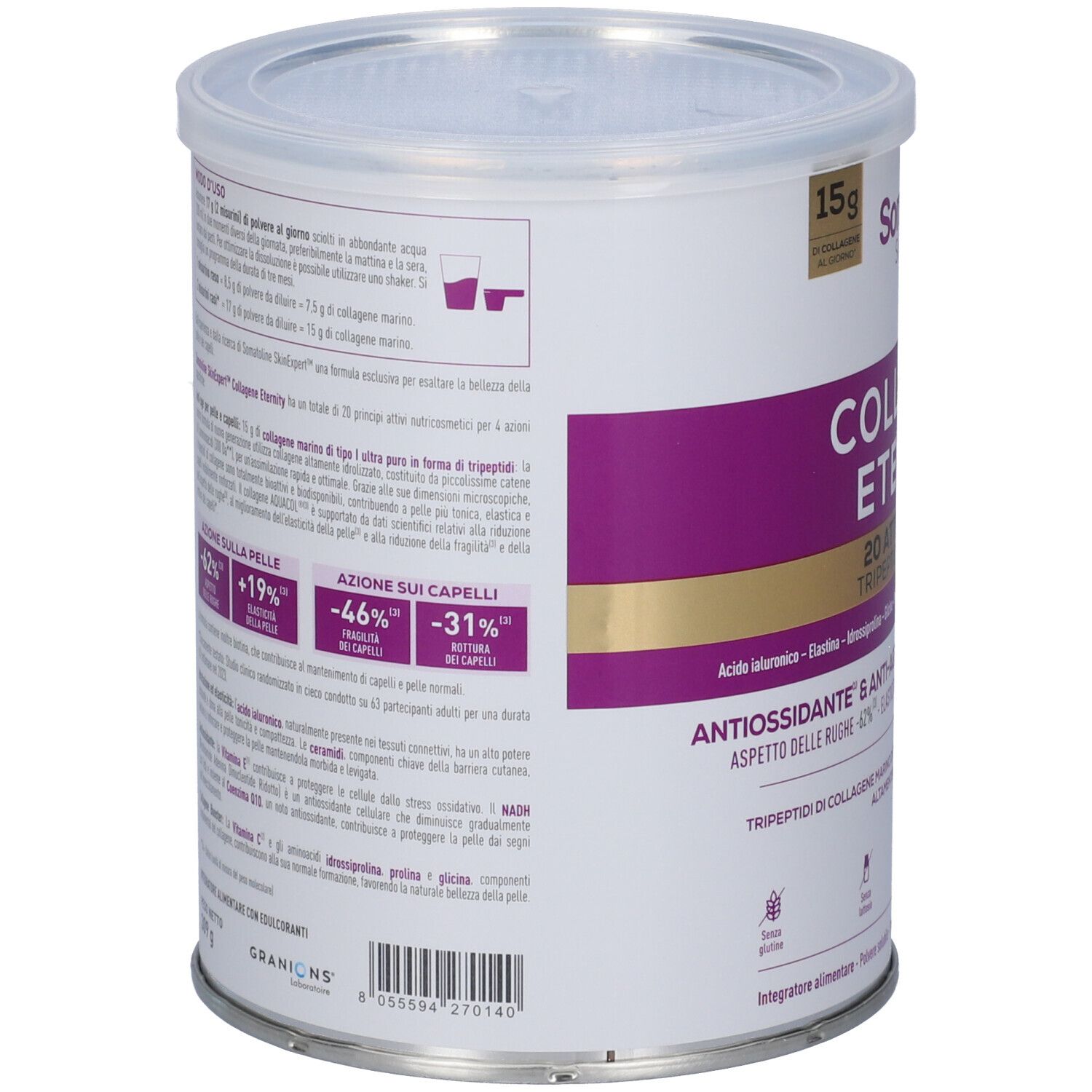 Retro del barattolo Somatoline Collagene Eternity. Contiene informazioni su ingredienti e uso.