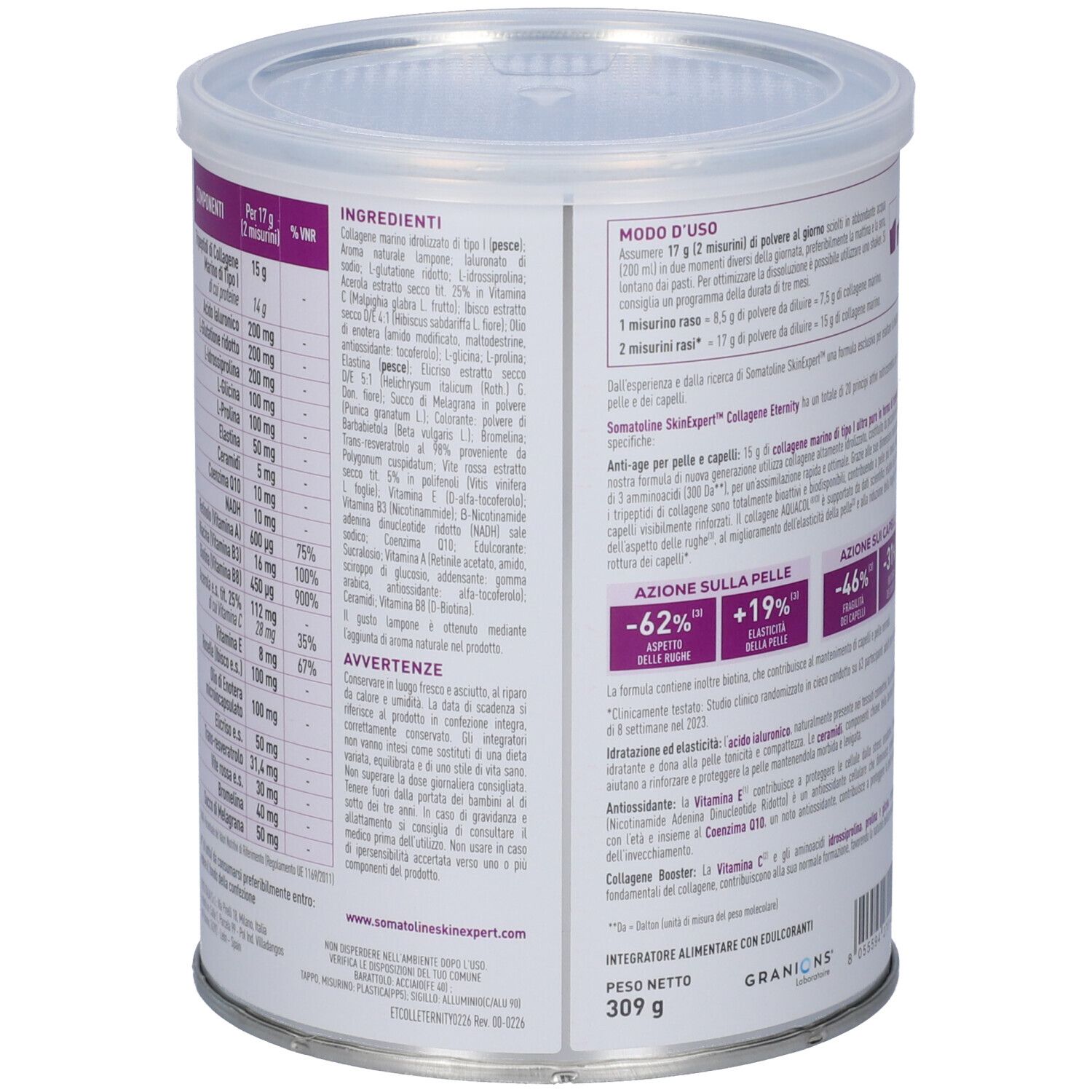 Lato del barattolo Somatoline Collagene Eternity con elenco ingredienti e istruzioni d'uso.