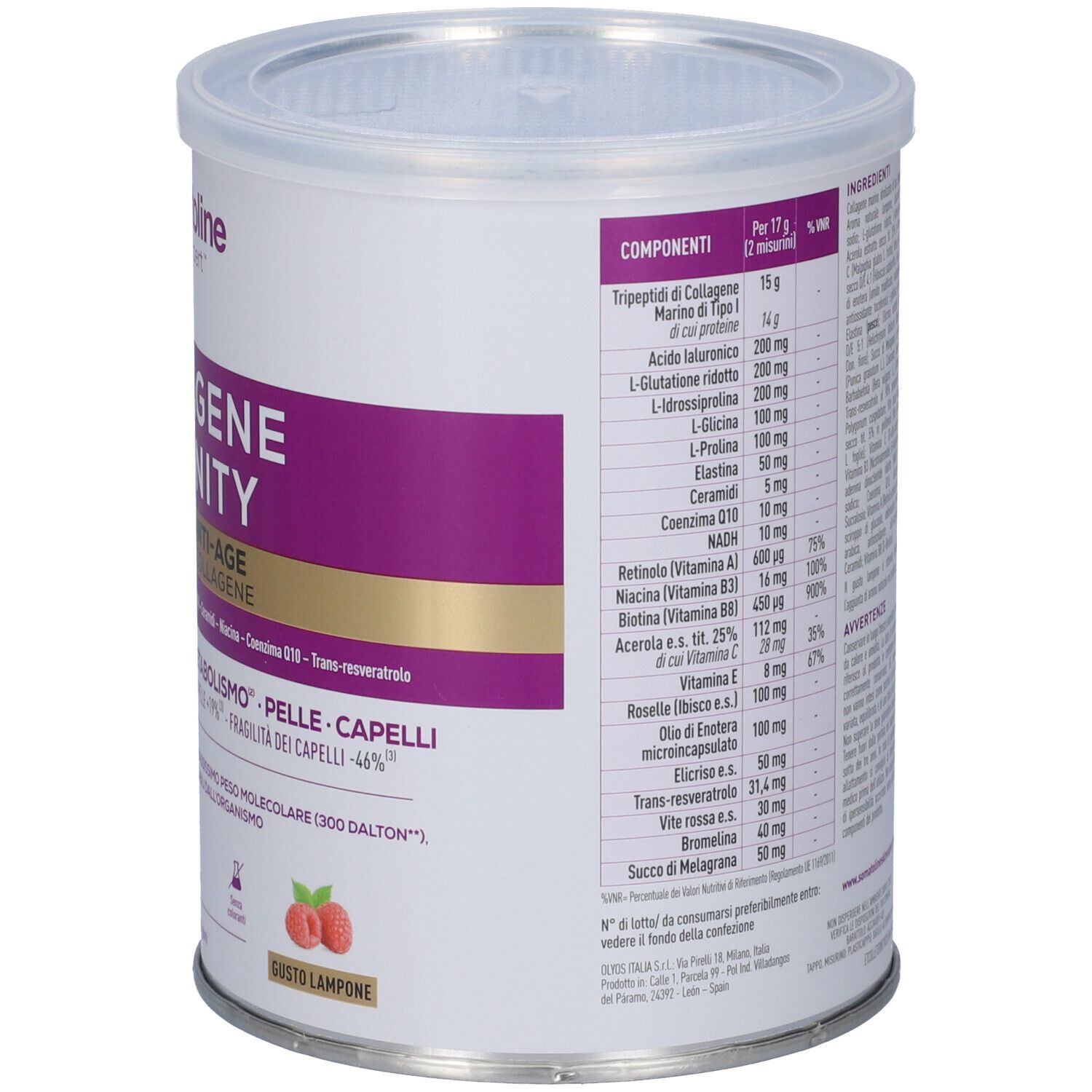 Vista dettagliata del barattolo Somatoline Collagene Eternity con informazioni nutrizionali e ingredienti.