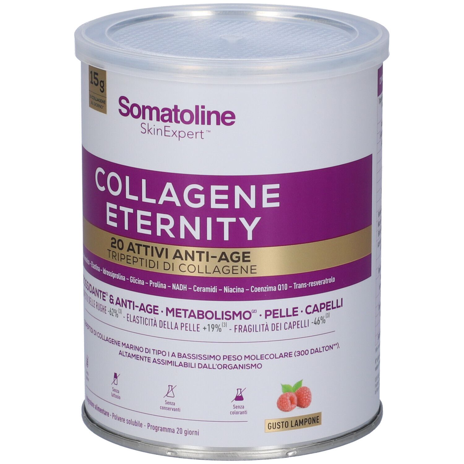 Barattolo Somatoline Collagene Eternity, 15g di collagene per porzione. Polvere anti-age per pelle e capelli.