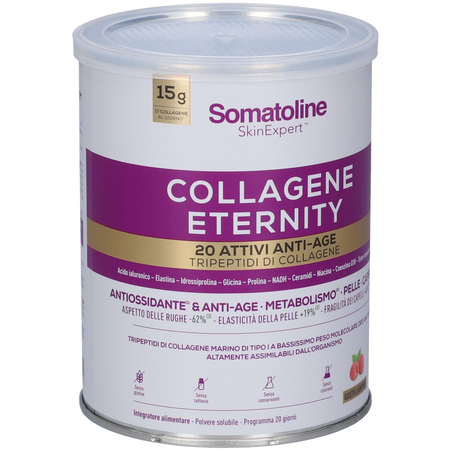 Barattolo Somatoline Collagene Eternity, 15g di collagene per porzione. Polvere anti-age per pelle e capelli.
