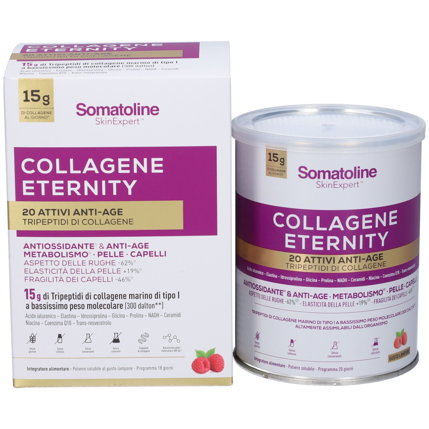 Barattolo e scatola Somatoline Collagene Eternity. Polvere di collagene per pelle e capelli.