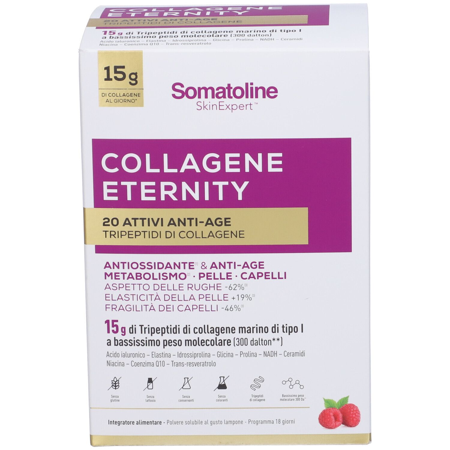 Scatola Somatoline Collagene Eternity, 15g di collagene per porzione. Polvere anti-age.