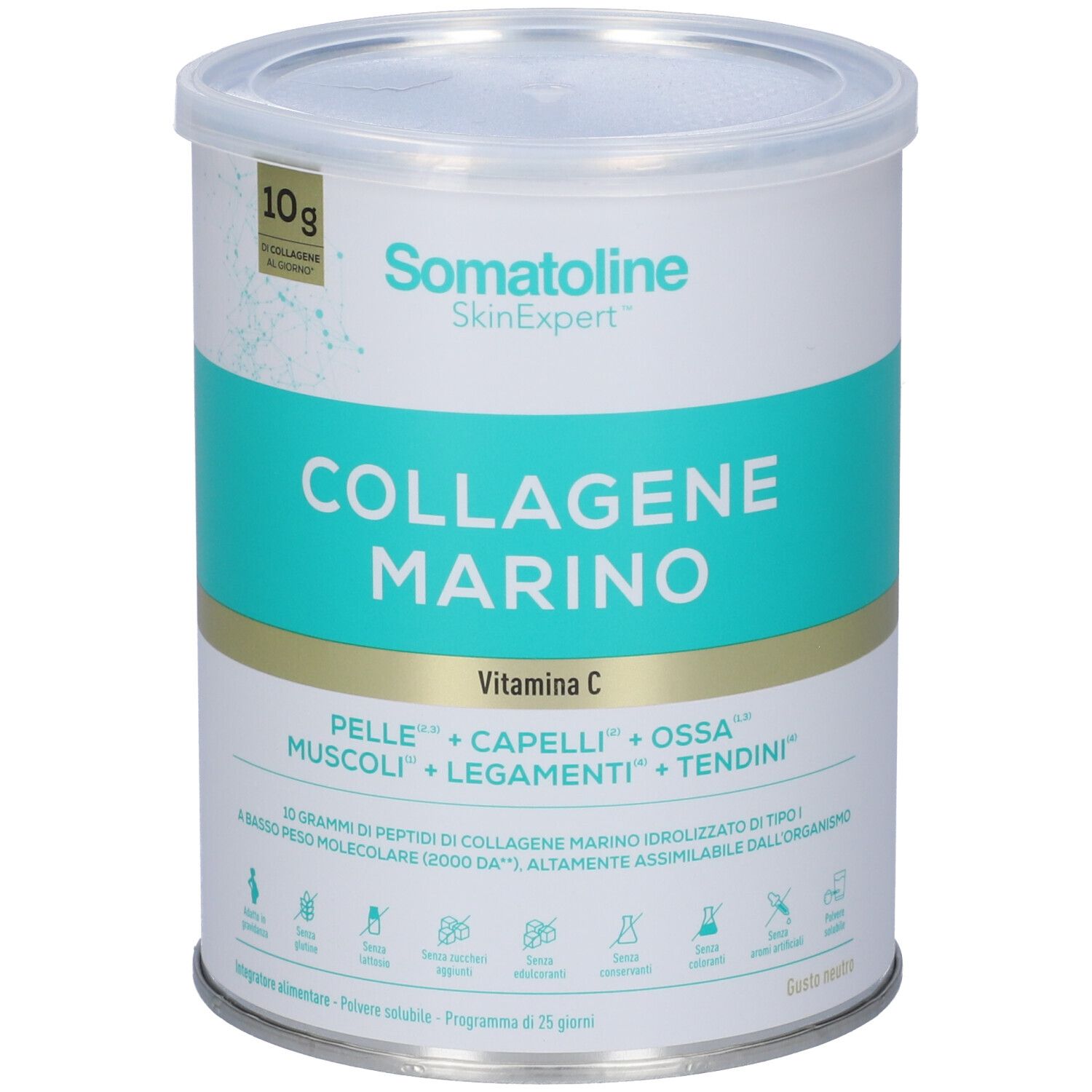 Somatoline Collagene Marino in polvere con Vitamina C in lattina, vista frontale.
