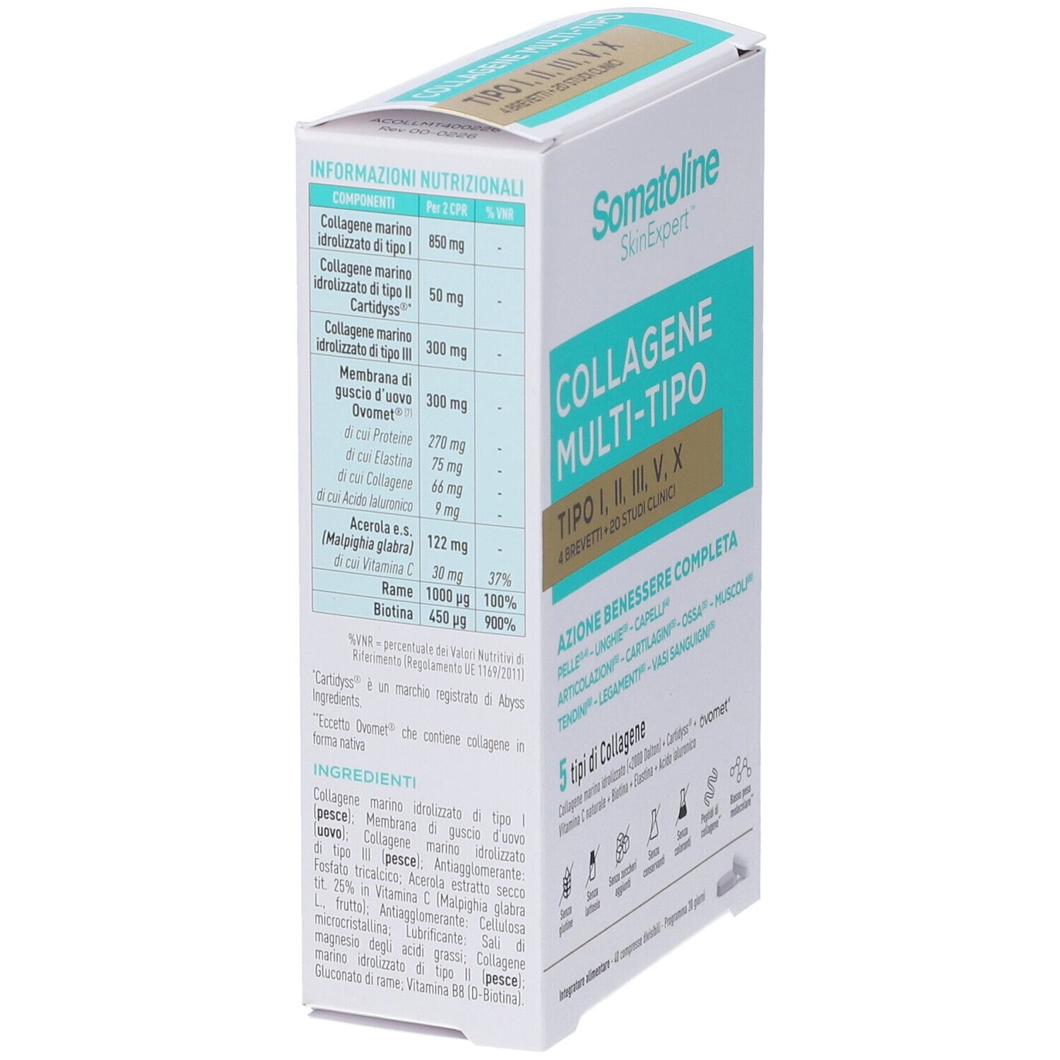 Retro della confezione Somatoline Collagene Multi-Tipo con informazioni nutrizionali, ingredienti e dettagli su Vitamina C, Biotina ed Elastina.