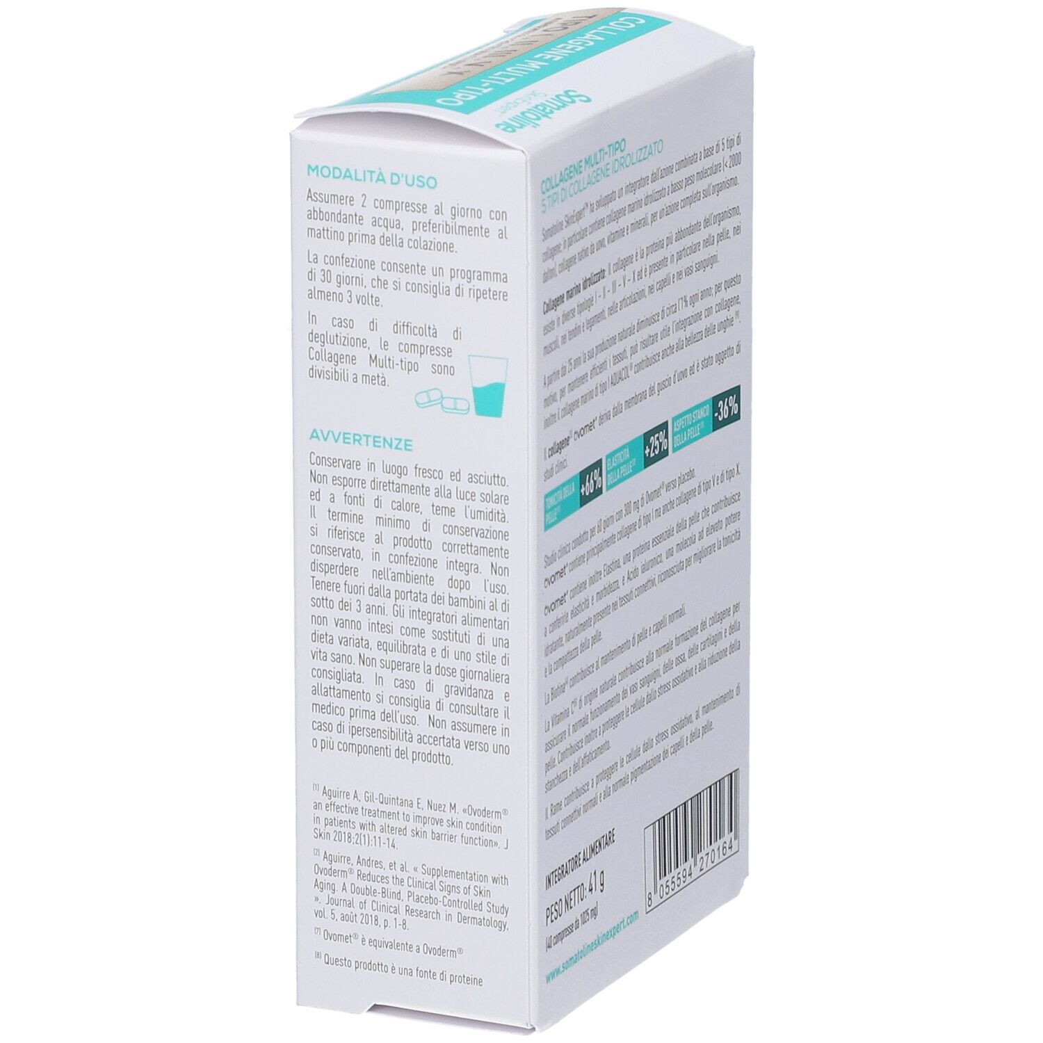 Vista laterale della confezione Somatoline Collagene Multi-Tipo con indicazioni sull'uso e la conservazione del prodotto.
