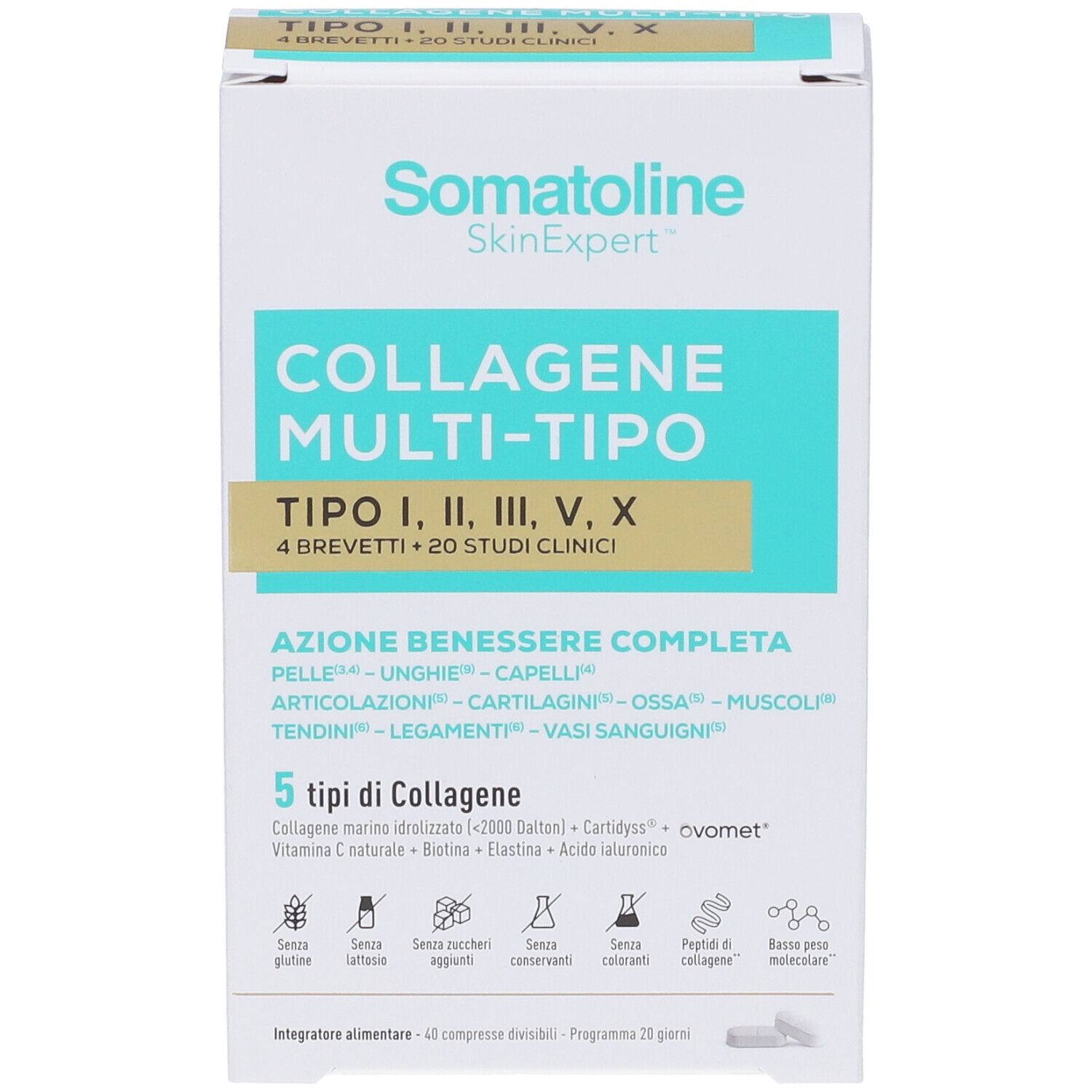 Fronte della confezione Somatoline Collagene Multi-Tipo con enfasi su 5 tipi di collagene e benefici per pelle, capelli e unghie.