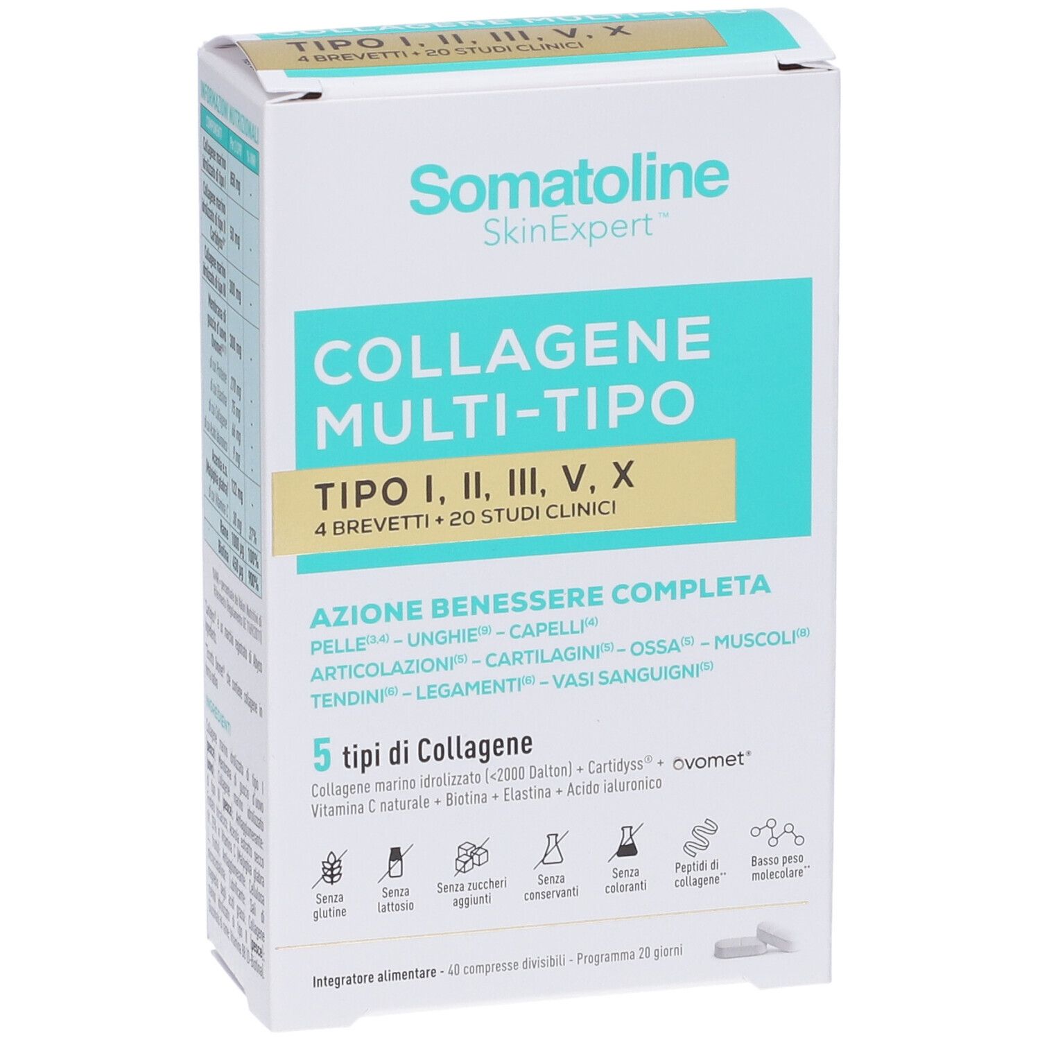 Fronte della confezione Somatoline Collagene Multi-Tipo con informazioni su 5 tipi di collagene e benefici per pelle, capelli e unghie.
