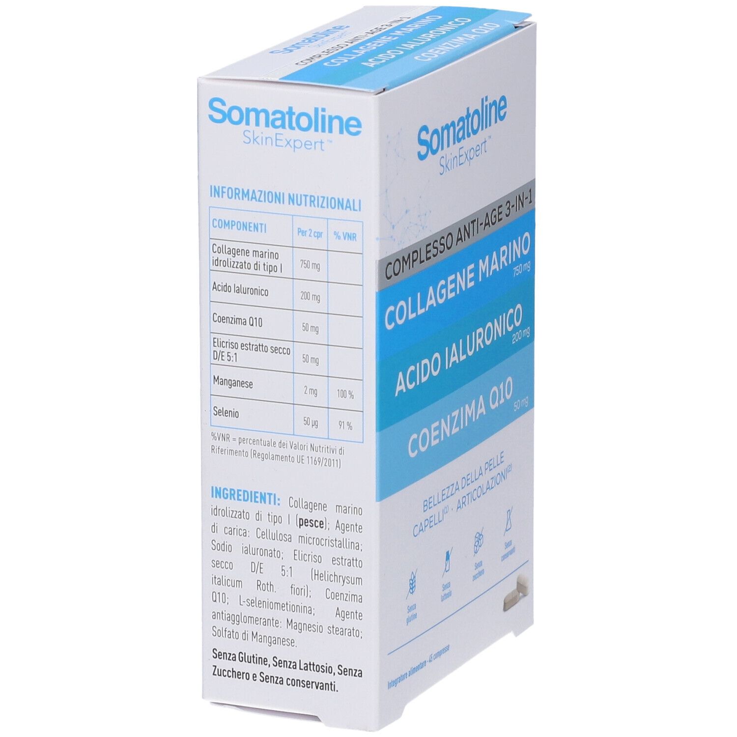 Somatoline SkinExpert Anti-Age 3-in-1: Informazioni nutrizionali e ingredienti. Collagene, Acido Ialuronico, Coenzima Q10.