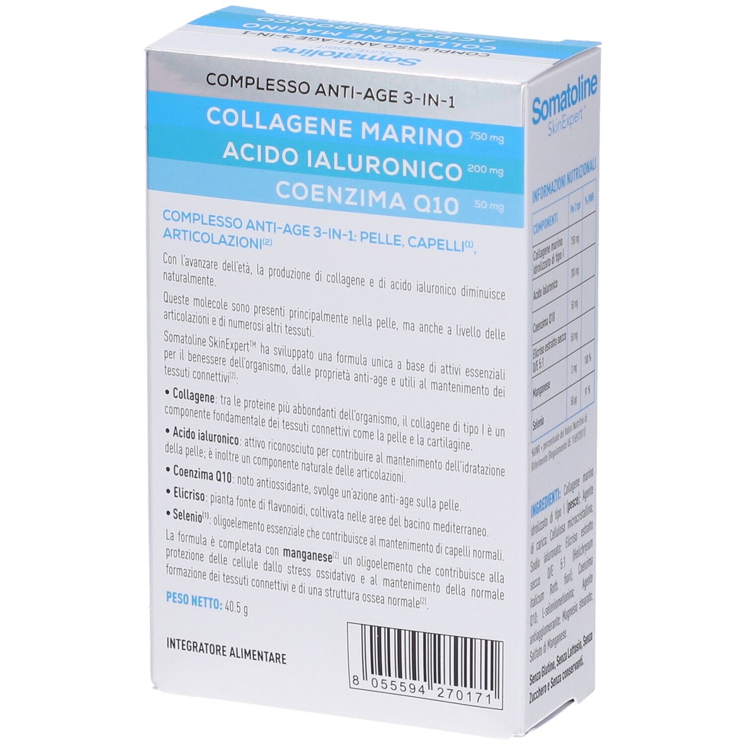 Somatoline SkinExpert Anti-Age 3-in-1: Descrizione benefici per pelle, capelli e articolazioni. Collagene, Acido Ialuronico, Coenzima Q10.