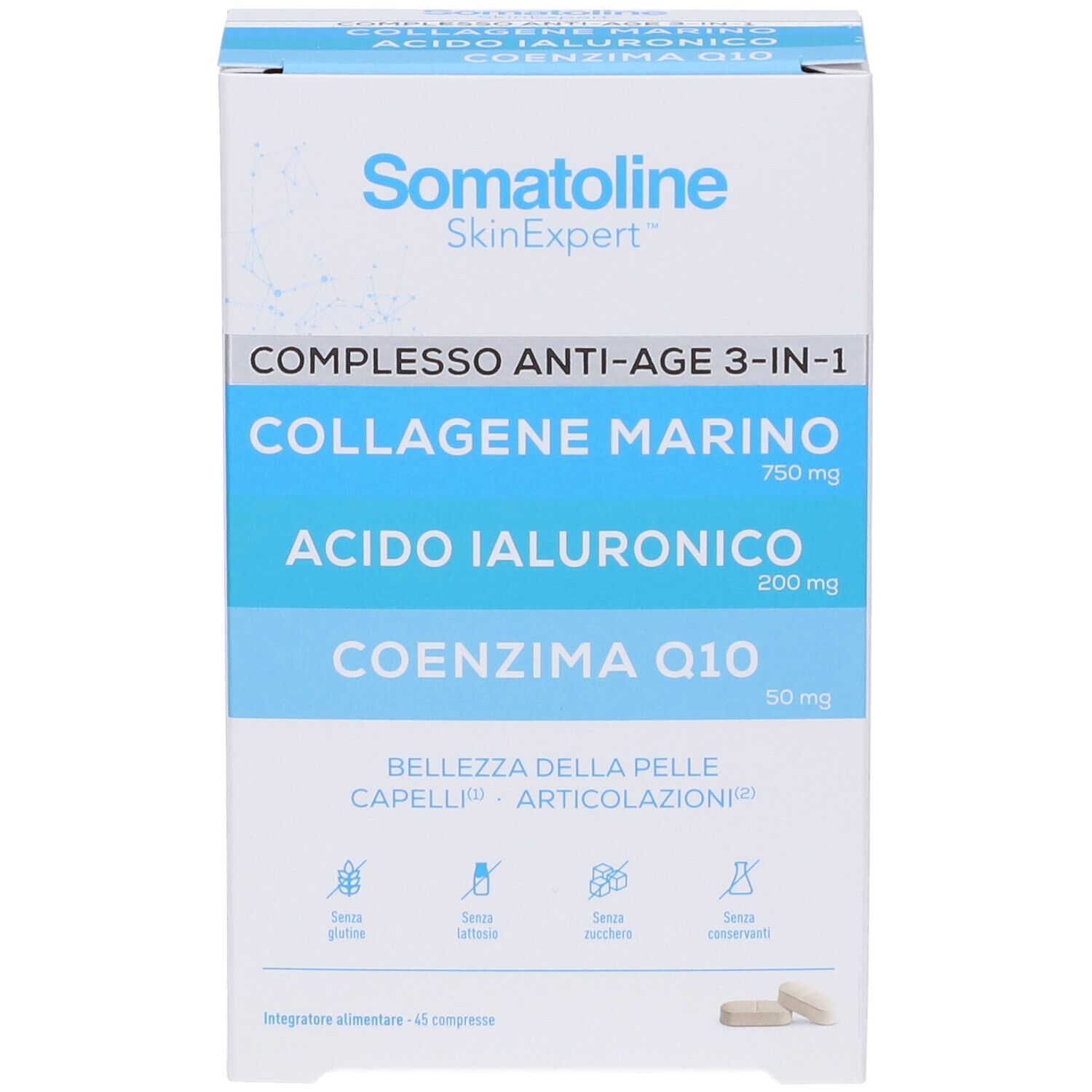 Somatoline SkinExpert Complesso Anti-Age 3-in-1: Collagene, Acido Ialuronico, Coenzima Q10. Integratore alimentare.