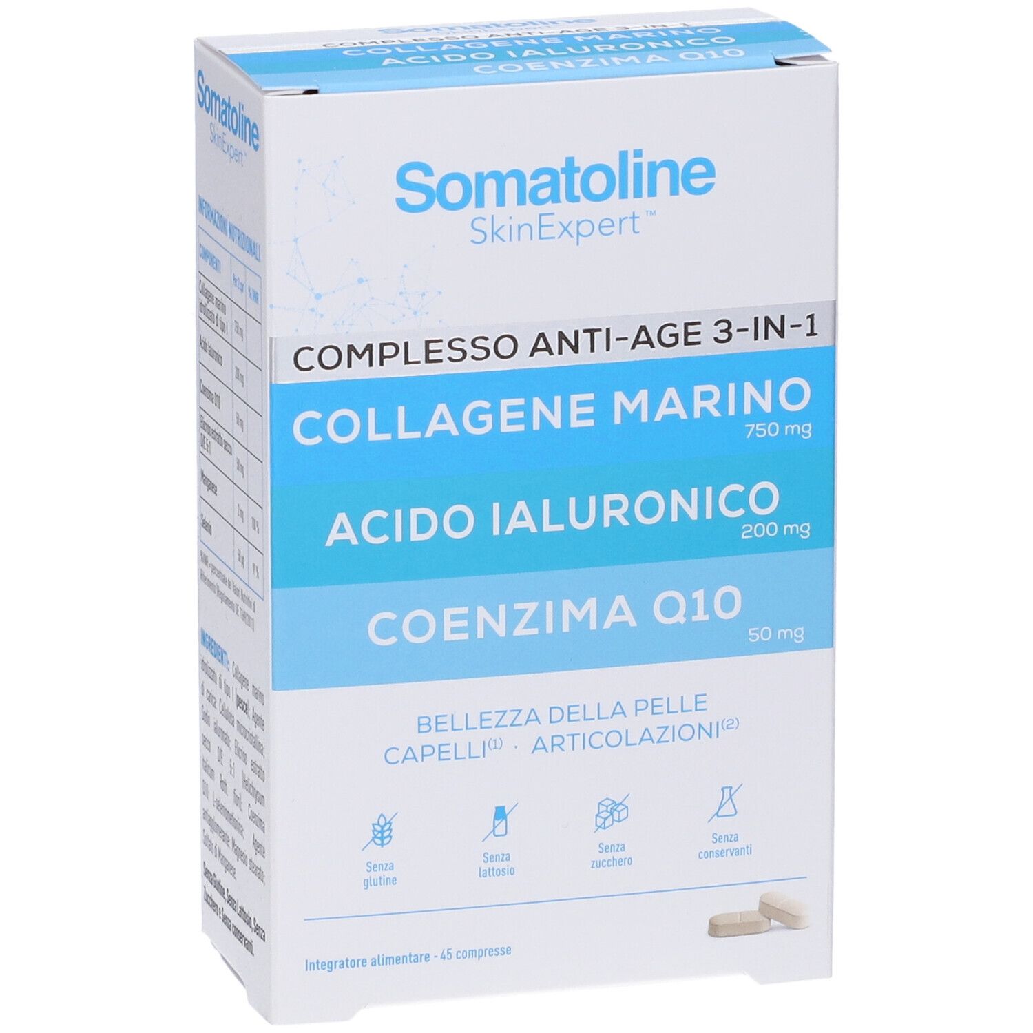 Somatoline SkinExpert Complesso Anti-Age 3-in-1: Collagene, Acido Ialuronico, Coenzima Q10. Integratore alimentare.