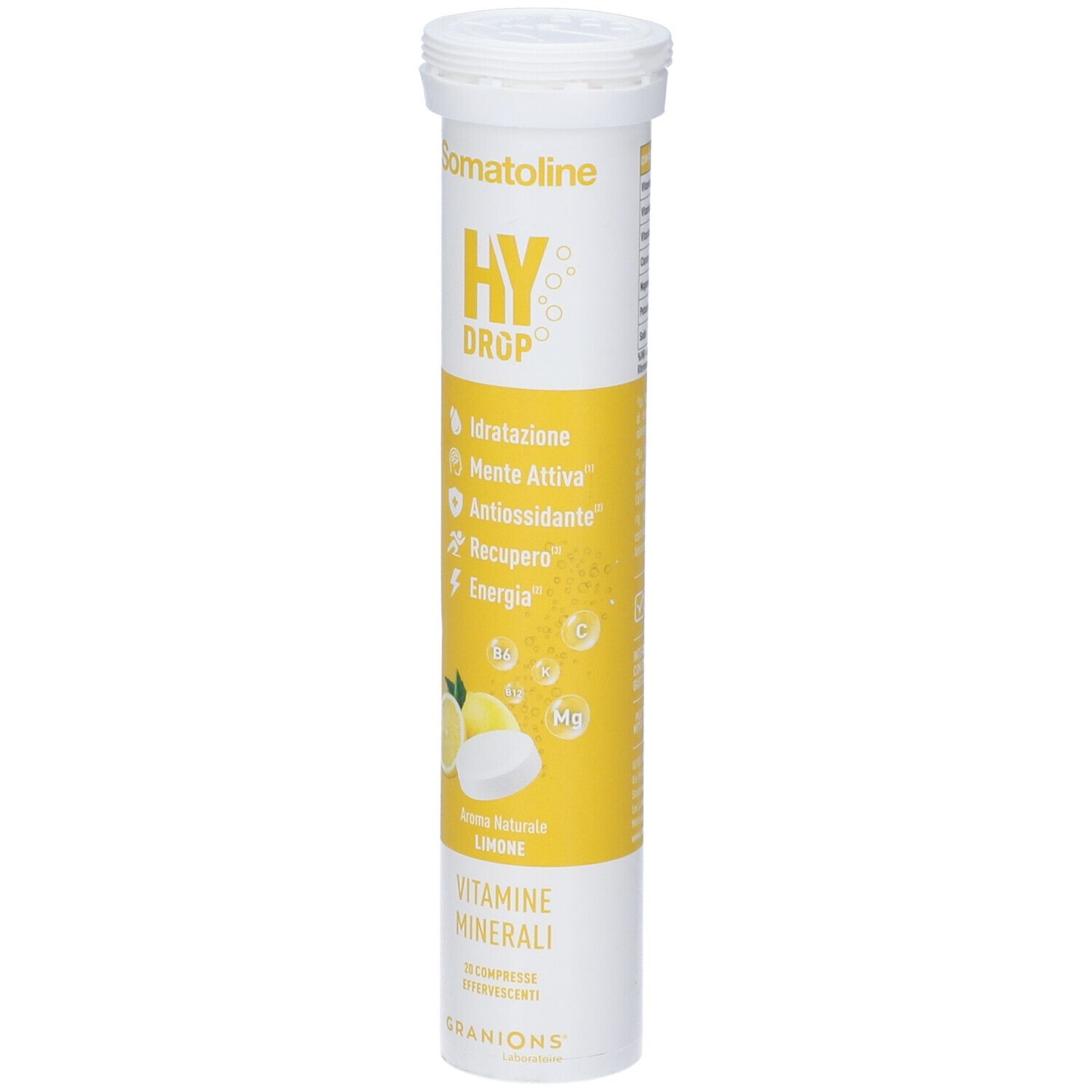 Tubo Somatoline Hydrop, compresse effervescenti gusto limone con simboli.