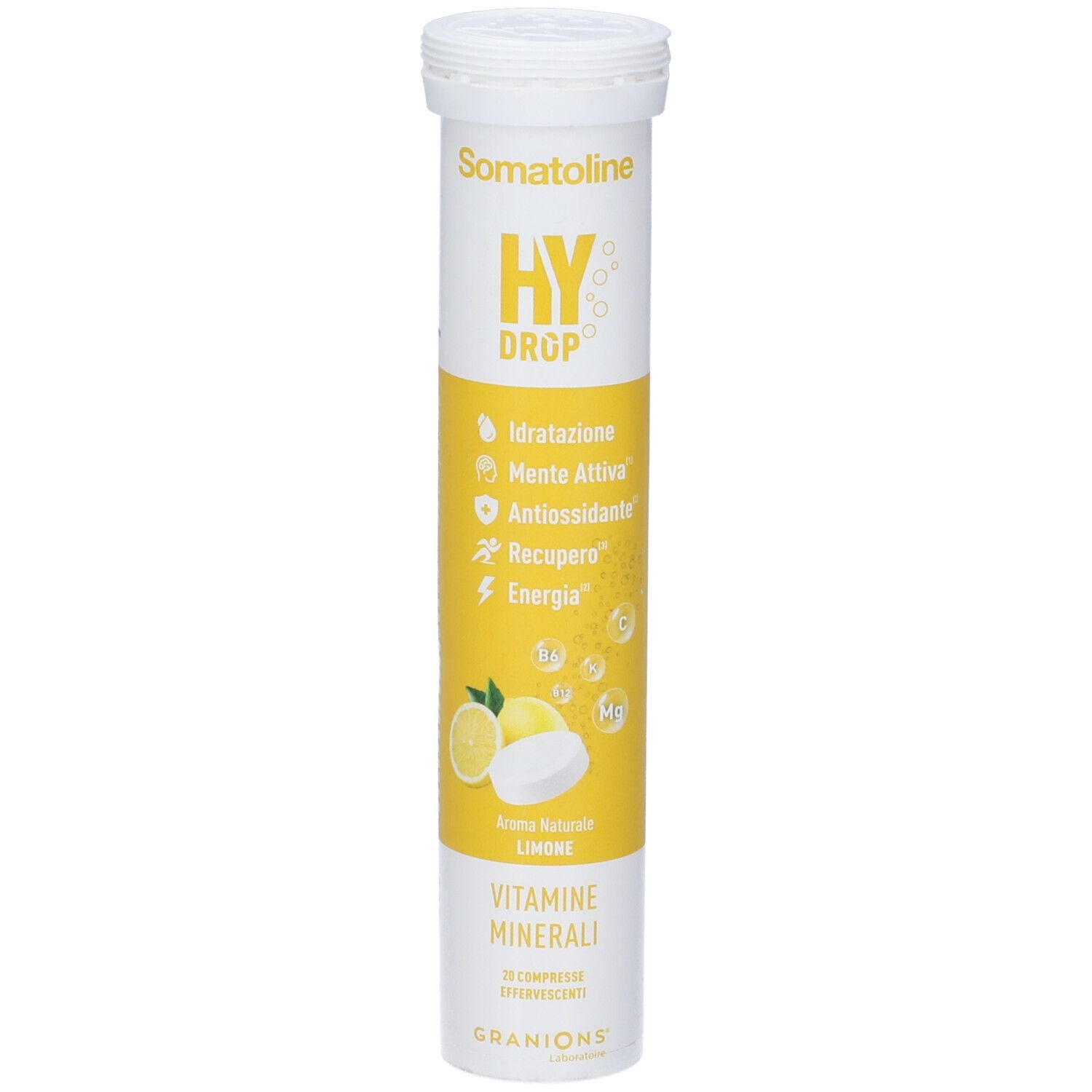 Tubo Somatoline Hydrop, compresse effervescenti gusto limone con simboli.