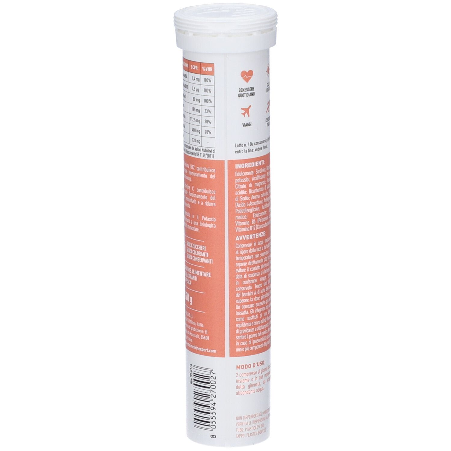 Vista laterale del tubo Somatoline HY DROP con tabella nutrizionale e codice a barre.