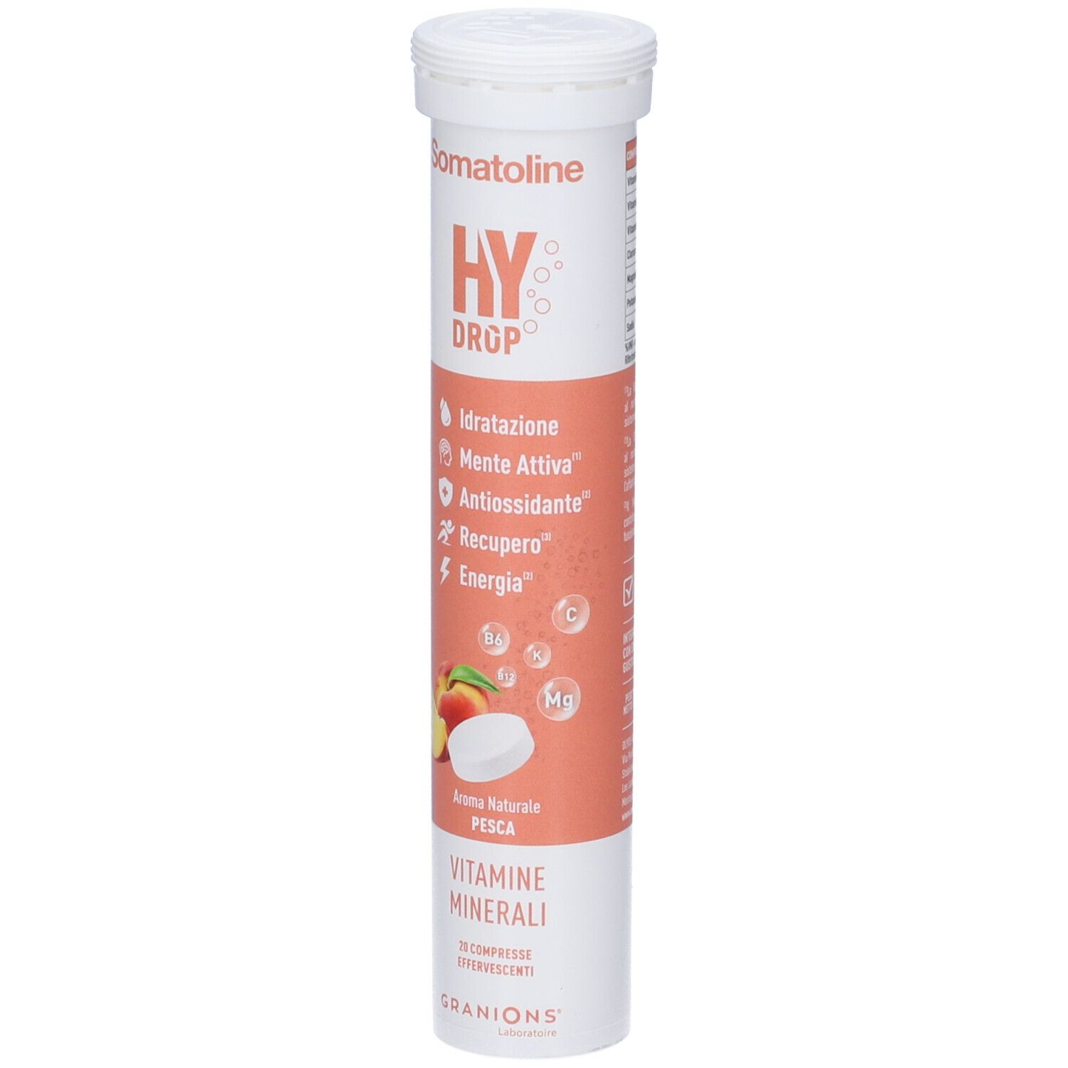 Tubo di compresse effervescenti Somatoline HY DROP, gusto pesca, vitamine e minerali.