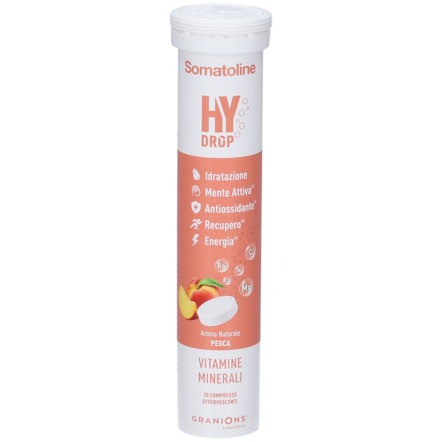 Tubo di compresse effervescenti Somatoline HY DROP, gusto pesca, vitamine e minerali.