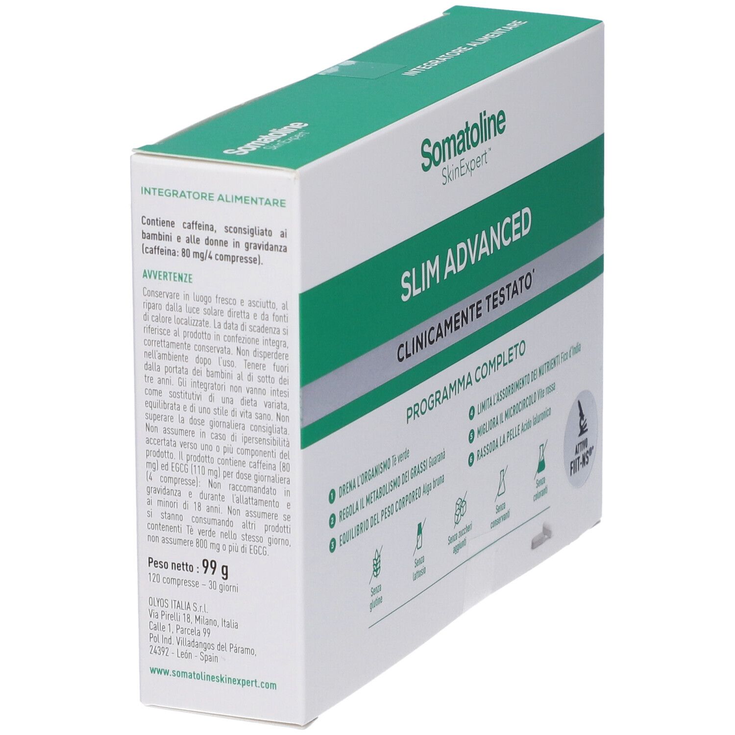 Retro della confezione di compresse Somatoline Slim Advanced con informazioni sul prodotto.
