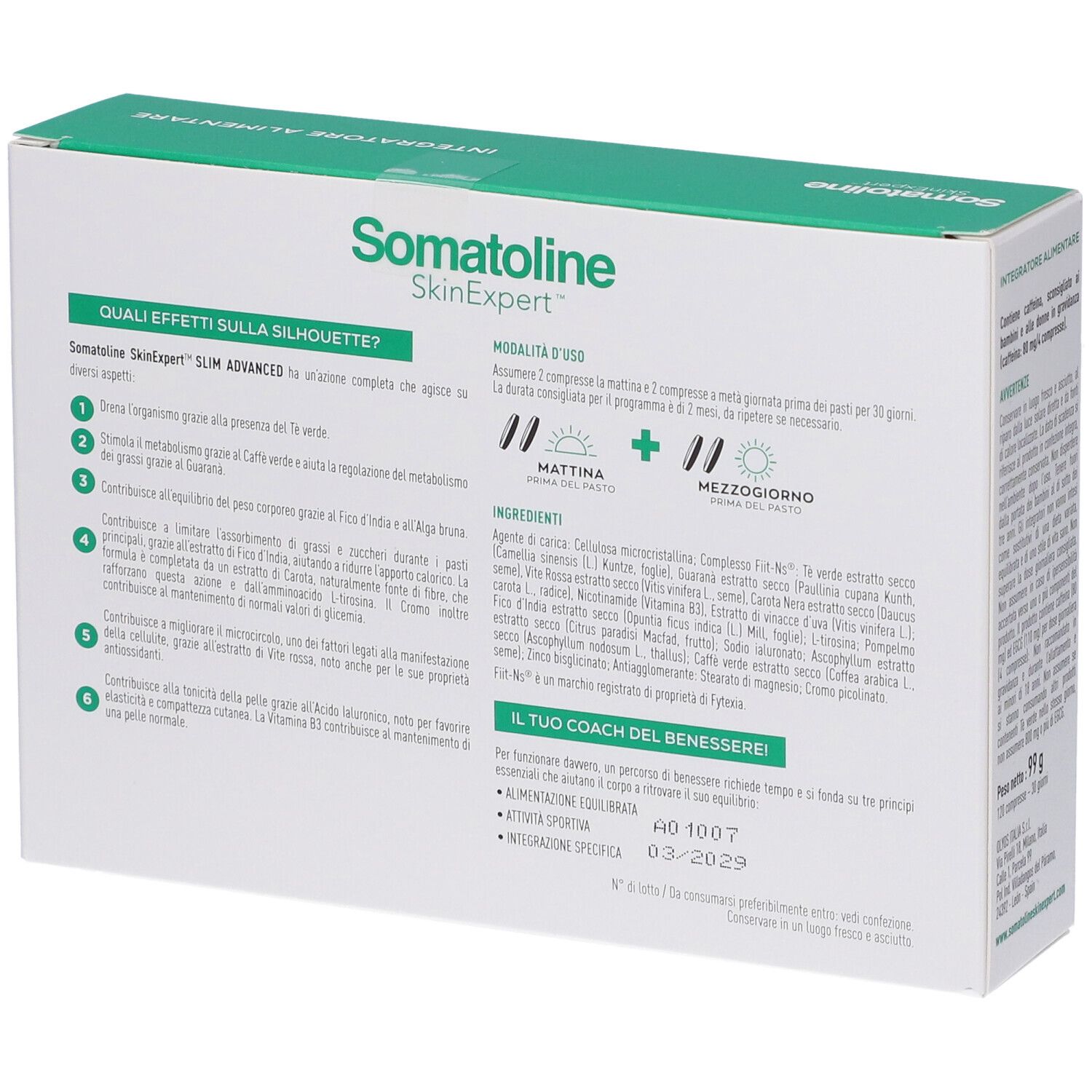 Vista laterale della confezione di compresse Somatoline Slim Advanced con istruzioni per l'uso.