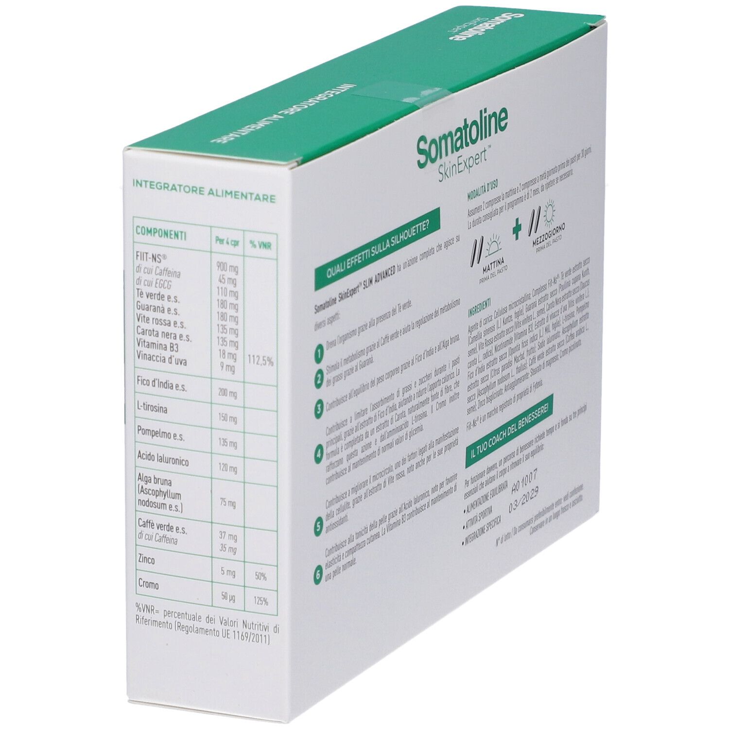 Vista laterale della confezione di compresse Somatoline Slim Advanced con ingredienti.
