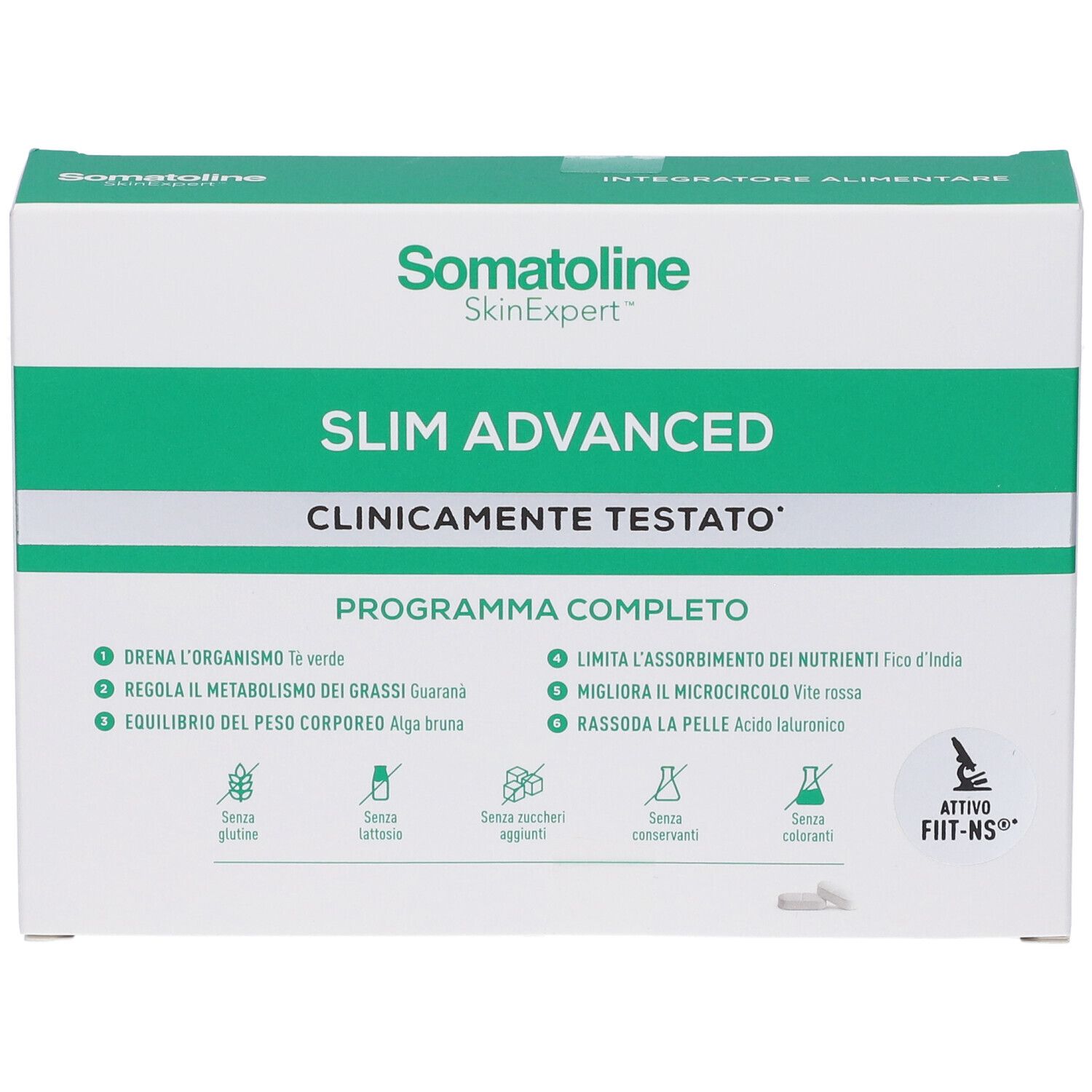 Fronte della confezione di compresse Somatoline Slim Advanced con caratteristiche del prodotto.